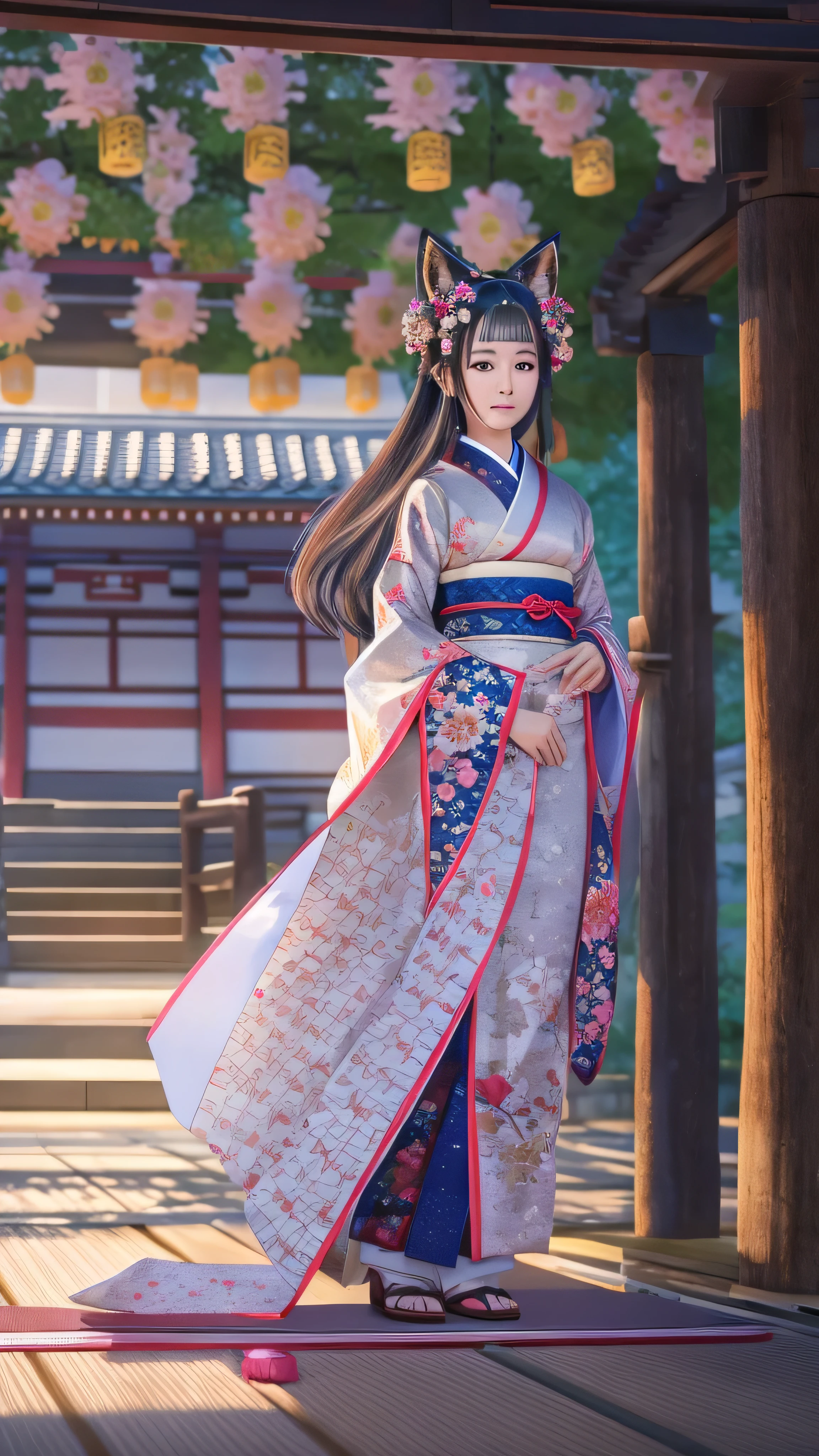 ( is ridiculous, high resolution, Super Detail), face close-up, The emphasis on the face , in a Japanese-style room and the focus is on the face, one woman, mature woman, Old age, long straight hair, beautiful shiny hair , blue eyes, bangs, Long Sleeve, Exquisitely drawn eyes and face , Eye Enhancement, without resting hands , Rich lighting, Highly Detailed CG Unified 8K Wallpaper, complicated details, portrait , stares, Alone, half shot , WITH A DELICATED FACE, soft smile , dynamic pose with an enema, classical period , ( Ancient Japan-themed : 1.1), Japanese Mythology, fox ears, Japanese, ruler, blue kimono Japanese , floral kimono, ancient theme , (A thriving civilization: 1.1), Moon in the background, ( Pure white : 1.1) shrine, torii gate , Japanese Scenery, ancient city in the background , I'm wearing a fox mask on my head, wonderful, dreamy , Dancing Light, lantern, Strict, night , darkness, star, portrait , cinematic lighting