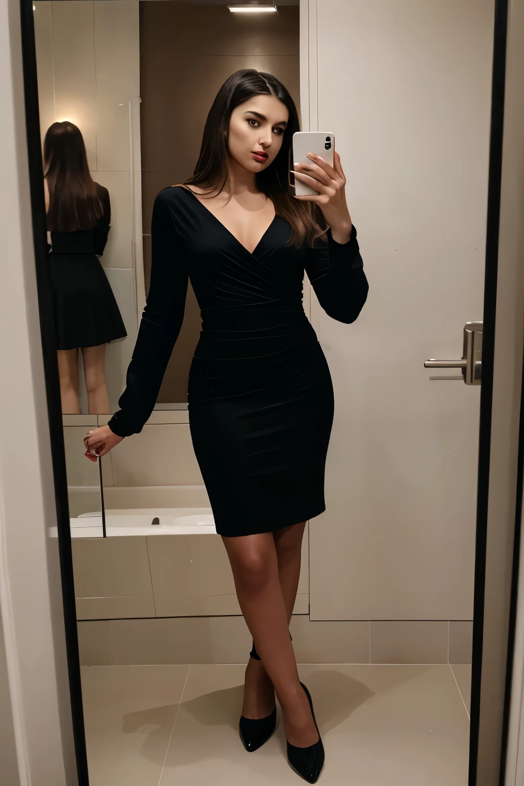 A 22-year-old woman with brown hair and fair skin, wearing a sleek black dress and stylish makeup. She poses with a seductive, model-like expression, taking a selfie in front of a mirror while standing in a modern, well-lit bathroom."