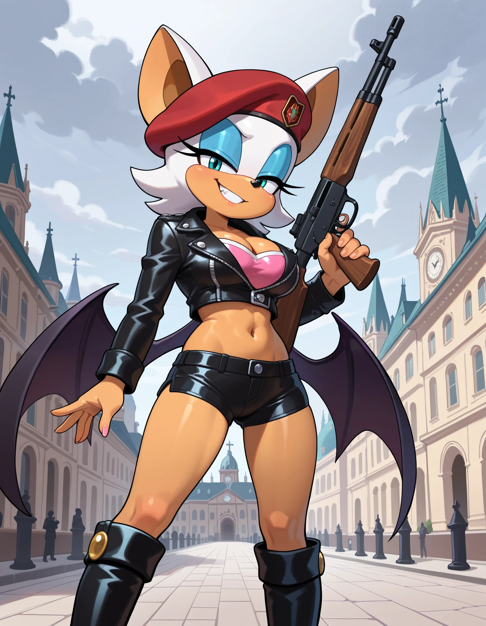 masterpiece, best quality, amazing quality, very aesthetic, absurdres, source furry, ((Rouge the bat)), ((short body)), half closed eyes, cyan eyes, blue eye makeup, seductive look, outdoors, saint basil cathedral, grey cloudy day, looking at viewer, grin, Natasha Volkova cosplay, red beret, short black sleeved leather jacket with red rims, midriff, navel, medium breasts, deep cleavage, short black leather tight shorts with red rims, black leather knee boots, holding a rifle, standing, pose, standing