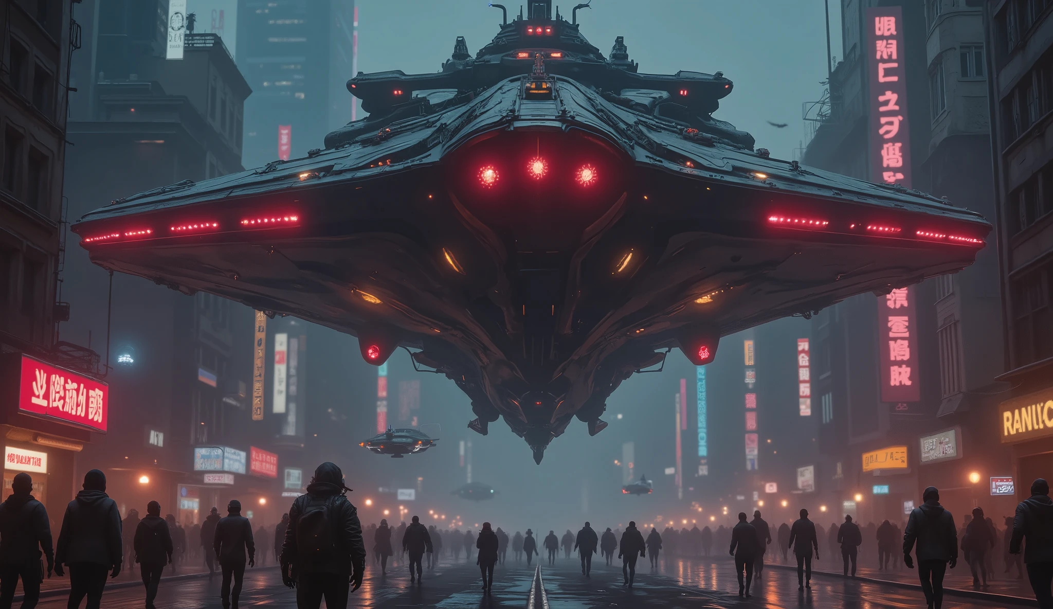 A massive futuristic military spaceship descends over a glowing futuristic city at night, casting an ominous shadow over the streets below. The ship is dark and metallic, with red glowing lights running along its edges, exuding power and intimidation. Citizens in the city look up in fear or panic as smaller drones zip through the air around the ship. The atmosphere is tense, with steam rising from the ground and neon lights reflecting off the ship's surface. Cinematic wide shot from a low angle, emphasizing the scale of the spaceship compared to the city. Highly detailed, photorealistic, inspired by space opera aesthetics and films like Star Wars and The Expanse.