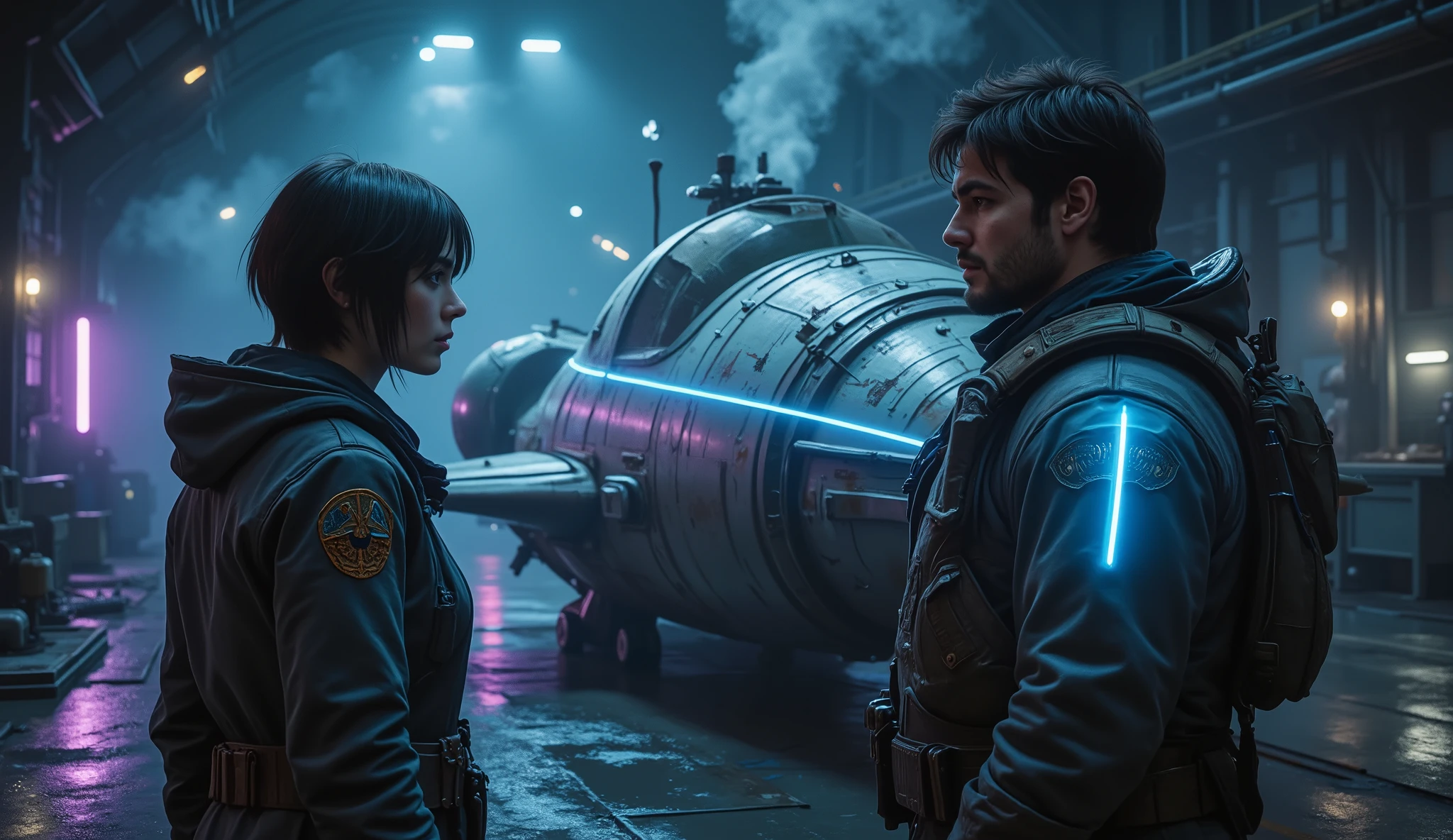 A cinematic shot of a young woman with short black hair and blue neon highlights (Kaela Voss) meeting a rugged pilot named Ryn Solace in a hidden space dock. Ryn is inspecting his old but sturdy spaceship, which glows faintly with blue and purple energy lines despite its battle-scarred appearance. The ship has a sleek yet weathered design, with scratches and patches on its metallic surface. Ryn wears a worn-out pilot's coat covered in ship patches, cargo pants, and steel-toed boots, exuding a mix of sarcasm and reliability. The hangar is dimly lit, with neon lights reflecting off the metallic surfaces and steam rising from nearby vents. Highly detailed, photorealistic, inspired by space opera aesthetics and films like Firefly and Guardians of the Galaxy.