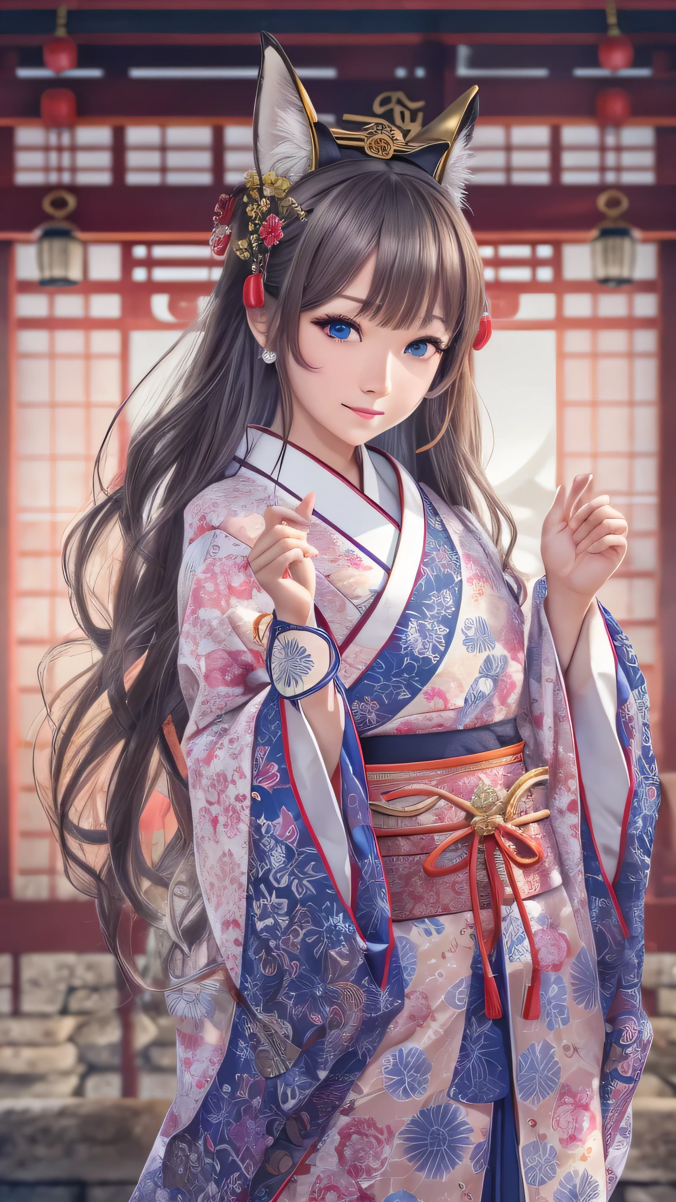 ( is ridiculous, high resolution, Super Detail), face close-up, The emphasis on the face , in a Japanese-style room and the focus is on the face, one woman, mature woman, Old age, long straight hair, beautiful shiny hair , blue eyes, bangs, Long Sleeve, Exquisitely drawn eyes and face , Eye Enhancement, without resting hands , Rich lighting, Highly Detailed CG Unified 8K Wallpaper, complicated details, portrait , stares, Alone, half shot , WITH A DELICATED FACE, soft smile , dynamic pose with an enema, classical period , ( Ancient Japan-themed : 1.1), Japanese Mythology, fox ears, Japanese, ruler, blue kimono Japanese , floral kimono, ancient theme , (A thriving civilization: 1.1), Moon in the background, ( Pure white : 1.1) shrine, torii gate , Japanese Scenery, ancient city in the background , I'm wearing a fox mask on my head, wonderful, dreamy , Dancing Light, lantern, Strict, night , darkness, star, portrait , cinematic lighting