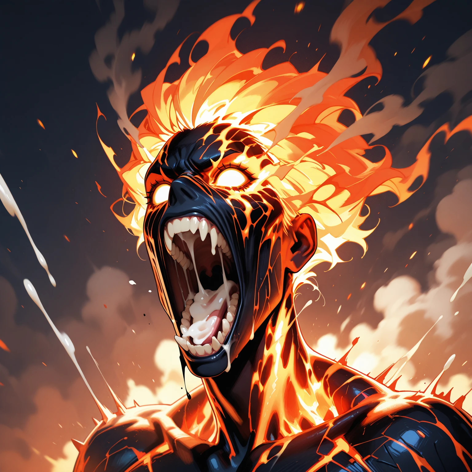 <lora:CinnamonBunStyleXL:1>CinnamonBunStyle (style-swirlmagic:0.8),  solo, upper body, detailed background, detailed face, (<lora:YinYangTech:0.6>, yinyang, 25%electric flow, yinyangtech theme:1.1), bloodshot eyes, seething rage,  forged in fire, primal fiery  champion, [heavy armor:molten rock:2], engulfed in flames,   dynamic pose,  magma, floating particles, ashes , roaring inferno, in background,  epic fiery atmosphere, **(monster, inhuman:1.2),**, tasty baked goods, 24mm, (analog, cinematic, film grain:1.3), Bokeh DOF, (Masterpiece:1.3) (best quality:1.2) (high quality:1.1)