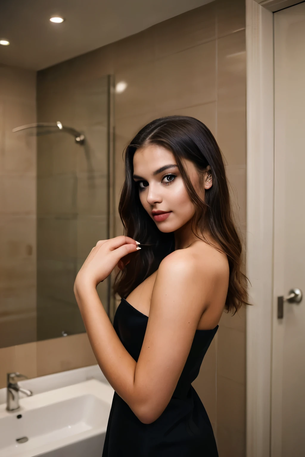 A 22-year-old woman with brown hair and fair skin, wearing a sleek black dress and elegant makeup, posing in a seductive, model-like style. She has a confident expression, taking selfie in a modern, well-lit bathroom., modern aesthetic in the background."
