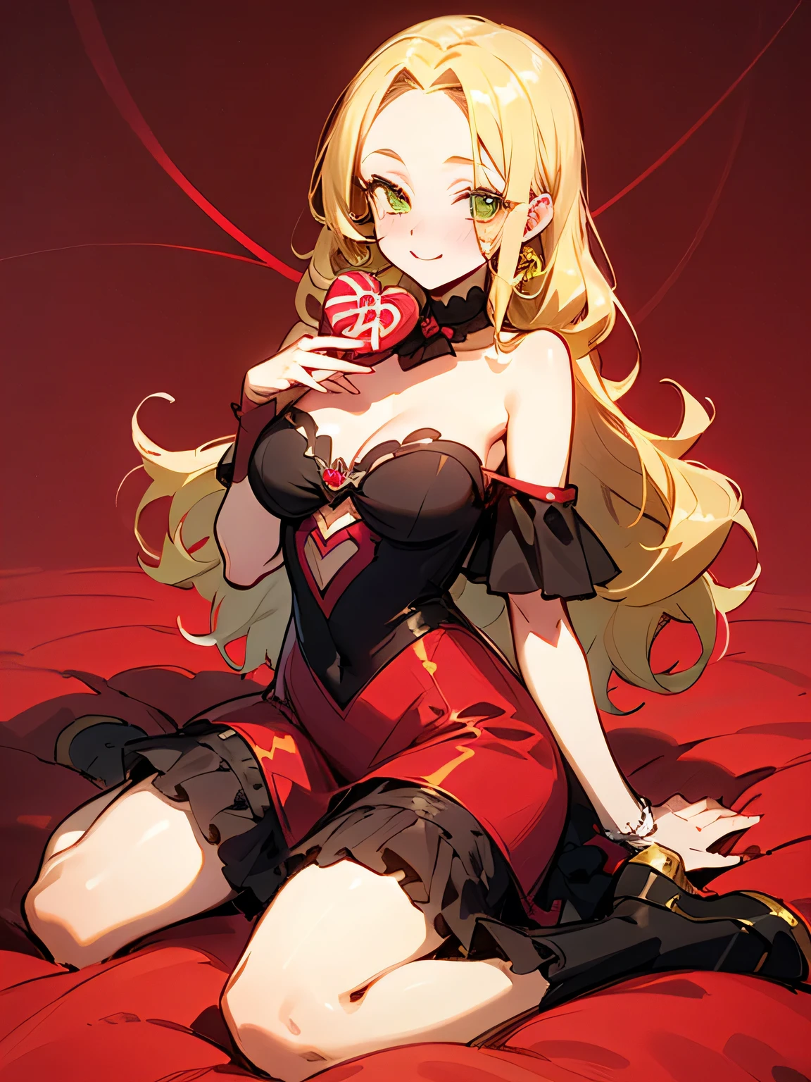Alone,( wariza),(looking at viewer:1.3),fullbody,blonde curly long hair,forehead,lime green eyes,abult woman face, beautiful adult woman smiling,offshoulder crimsonred ゴージャス dress,(ValentinesDay),(Quiron heart ),(Rose Revolution),( manga style),(sketch),(illustration), masterpiece , best quality,