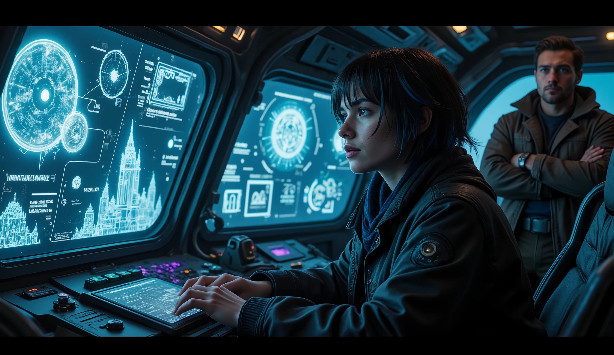 A cinematic shot inside a rugged spaceship cockpit, where a young woman with short black hair and blue neon highlights (Kaela Voss) sits in the co-pilot seat, projecting holographic images from a glowing data chip onto a screen. The holograms display strange star maps, ancient symbols, and footage of a futuristic city collapsing. Kaela's expression is a mix of curiosity and shock as she studies the projections, while Ryn Solace, a rugged pilot in a worn-out coat, stands behind her, his arms crossed and his expression skeptical yet intrigued. The cockpit is dimly lit, with soft reflections of the holograms on metallic surfaces and the faint glow of blue and purple energy lines from the ship's controls. Highly detailed, photorealistic, inspired by cyberpunk aesthetics and films like The Matrix and Prometheus.