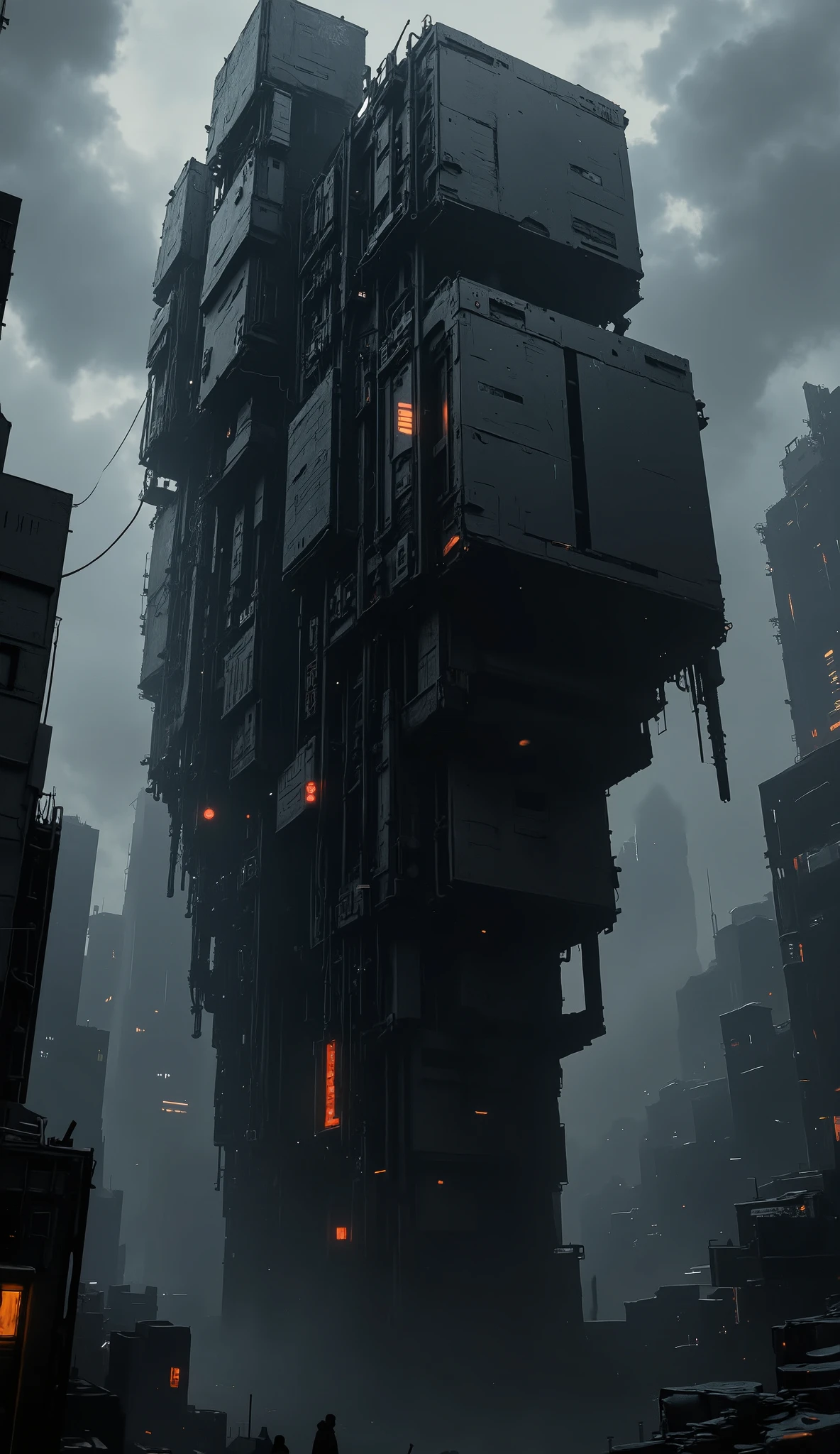 dark scifi antigravity floating dystopian brutalist city atmospheric view