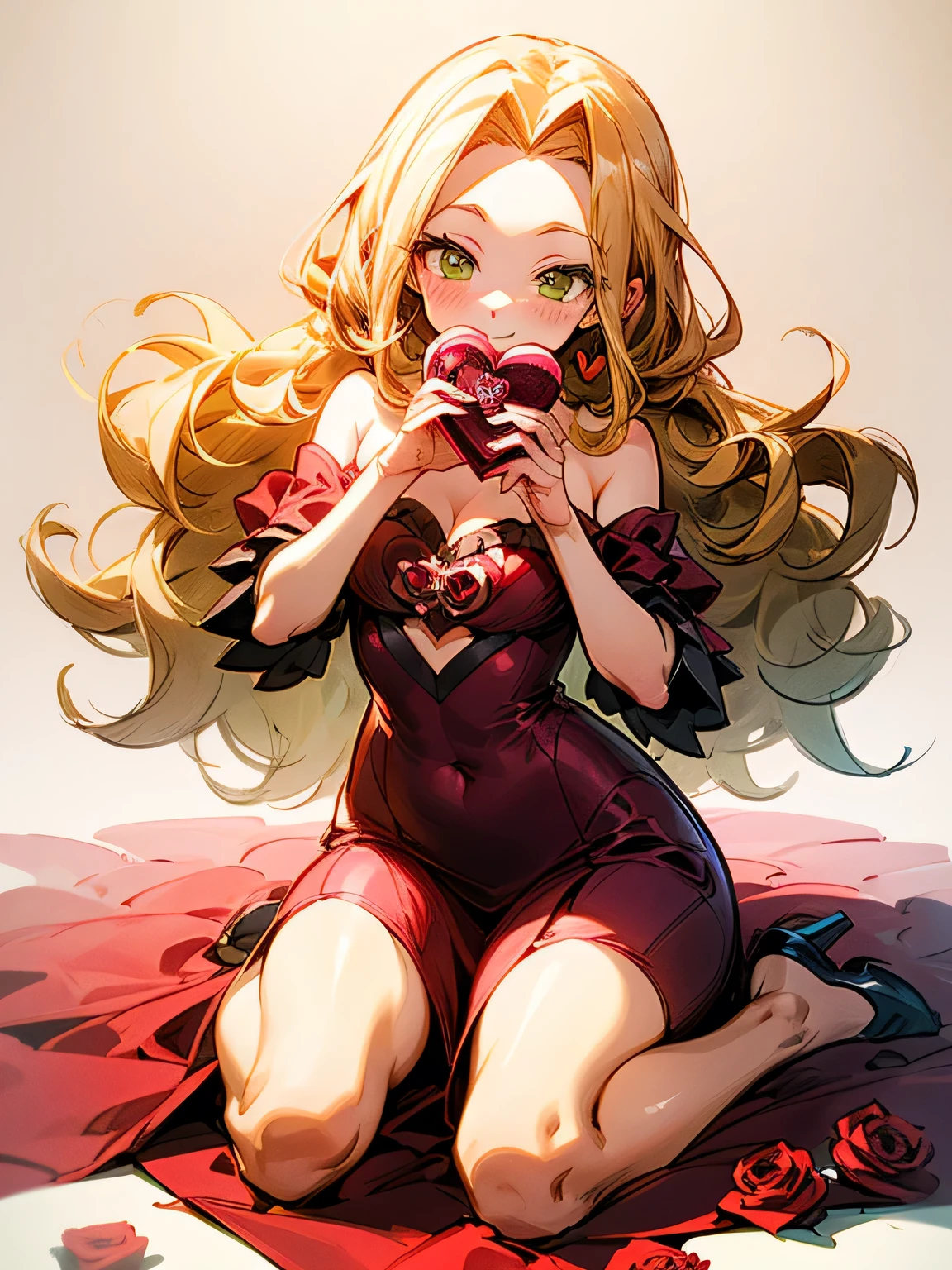 Alone,( wariza),(looking at viewer:1.3),fullbody,blonde curly long hair,forehead,lime green eyes,abult woman face, beautiful adult woman smiling,offshoulder crimsonred ゴージャス dress,(ValentinesDay),(Quiron heart ),(Rose Revolution),( manga style),(sketch),(illustration), masterpiece , best quality,