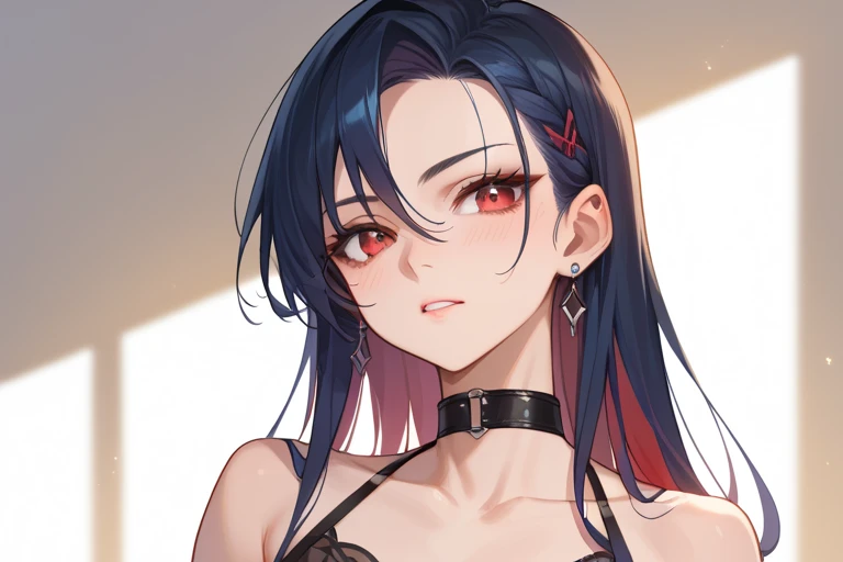 Amazing portrait of a sexy woman with her hair tied back in a high bun with her eyes emphasised by smokey eyeliner gazing at us seductively with her perfect lips parted wearing a red dress with black laces and fishnets