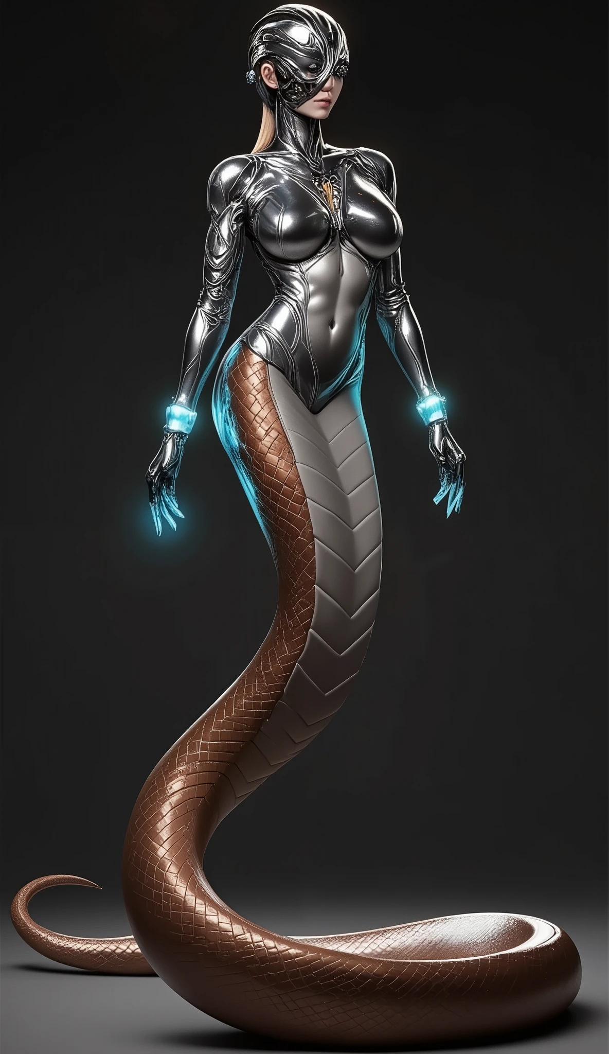 A serpent woman, with a snake's upper body and lower body. She is wearing a futuristic bodysuit that blends sleek, high-tech designs with elements of scales and smooth metallic textures. The snake parts are detailed with intricate patterns, and the bodysuit has glowing accents and a streamlined, sci-fi look. The overall image should evoke a sense of elegance and power, with the character standing confidently against a dark, mysterious background.