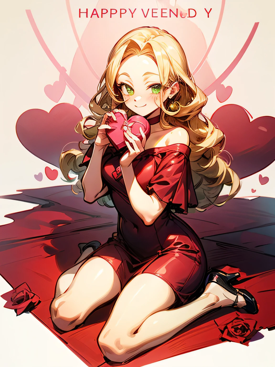 Alone,( wariza),(looking at viewer:1.3),fullbody,blonde curly long hair,forehead,lime green eyes,abult woman face, beautiful adult woman smiling,offshoulder crimsonred ゴージャス dress,(ValentinesDay),(Quiron heart ),(Rose Revolution),( manga style),(sketch),(illustration), masterpiece , best quality,