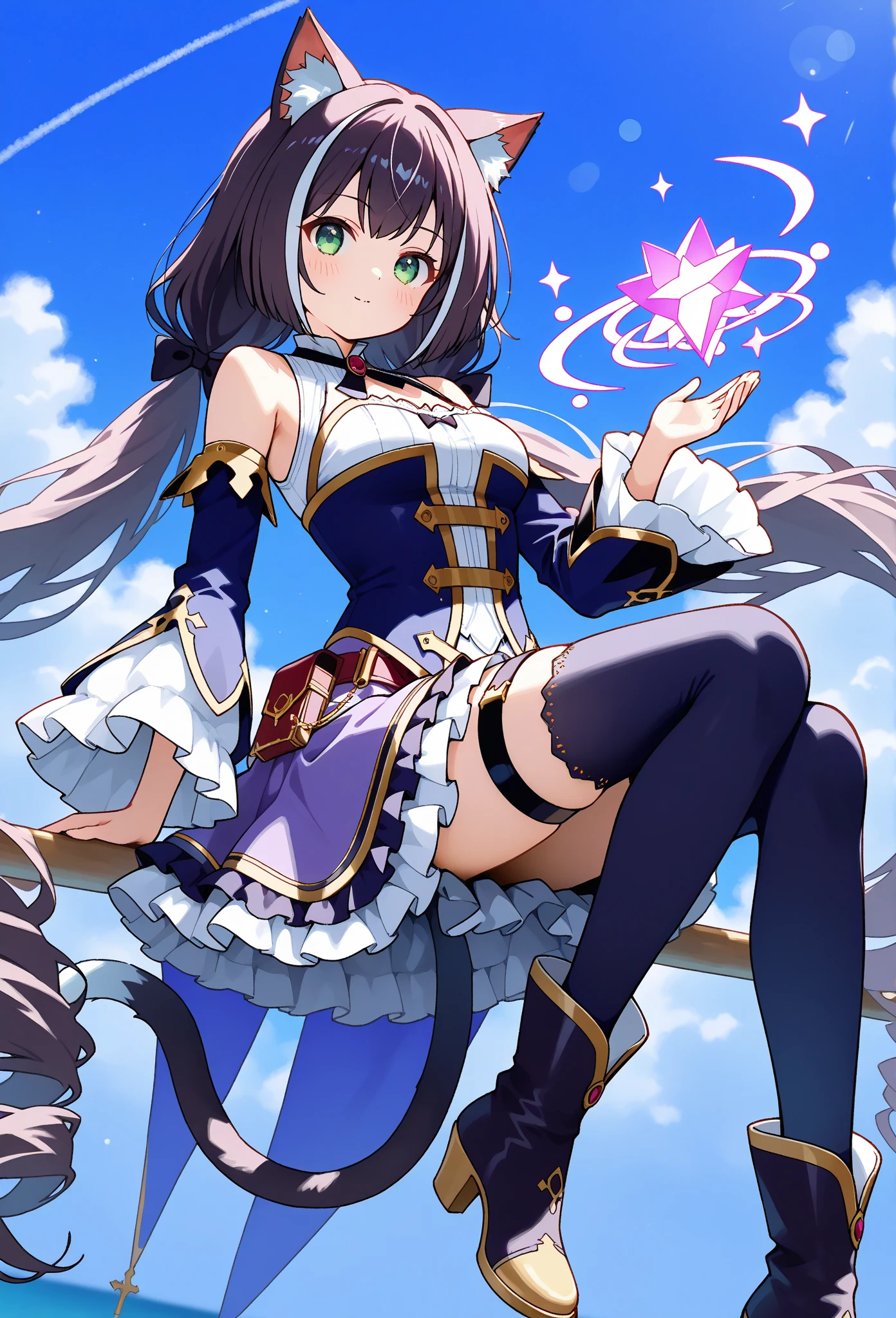 (1 girl),(high quality), (High resolution), (extremely detailed), (8K),(focus on lower body),(CG),female university student、beautiful girlfriend、magic knight costume、Magic Swordsman、Magical girl、pleated skirt、sexy panties、(black knee high stockings:1.2)、erect nipple shape、No shoes、(neutral white lighting),sexy pose