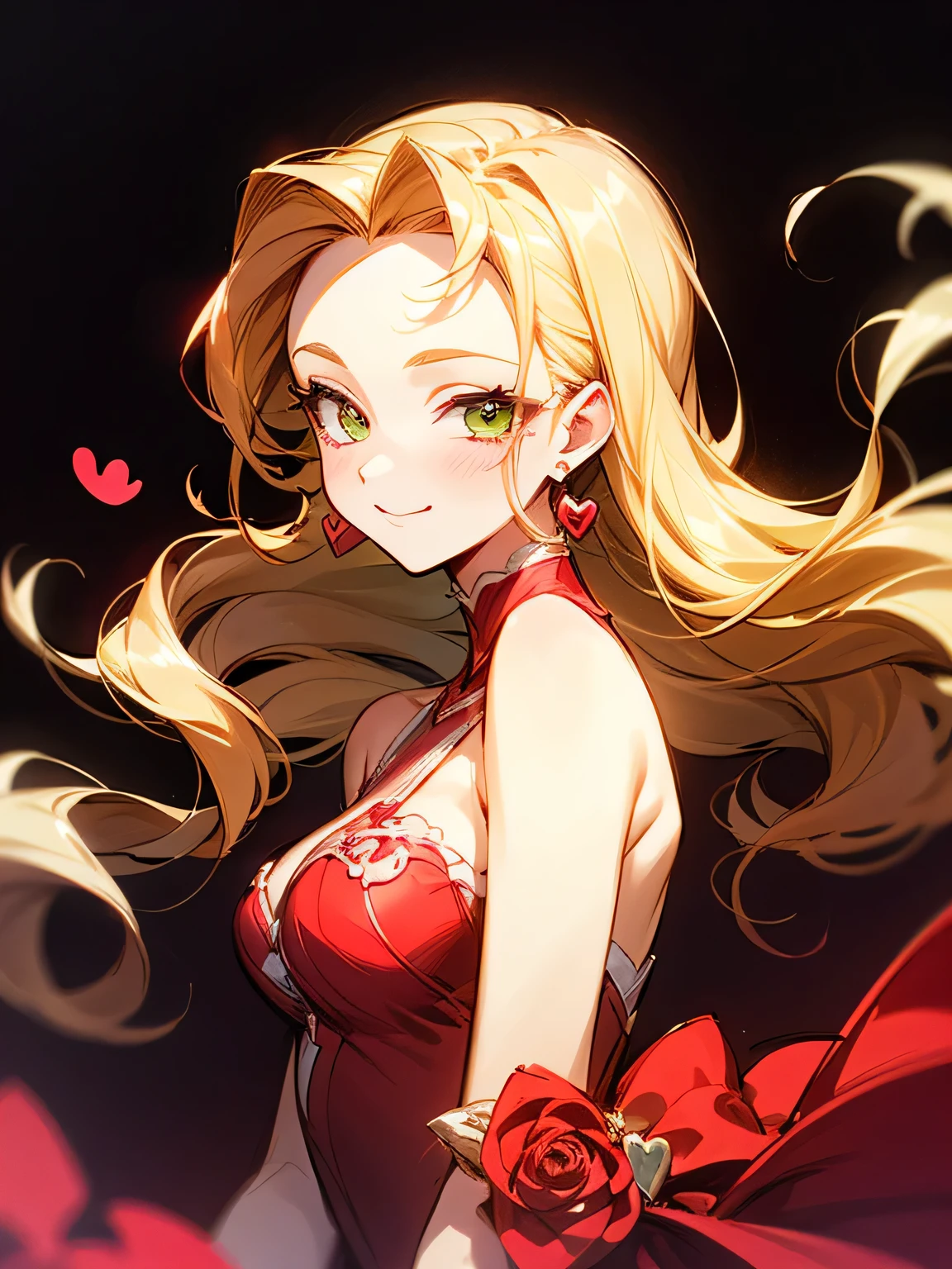 Alone,sideview,(looking at viewer:1.3),upperbody,blonde curly long hair,forehead,lime green eyes,abult woman face, beautiful adult woman smiling,offshoulder crimsonred ゴージャス dress,(ValentinesDay),(Quiron heart ),(Rose Revolution),( manga style),(sketch),(illustration), masterpiece , best quality,