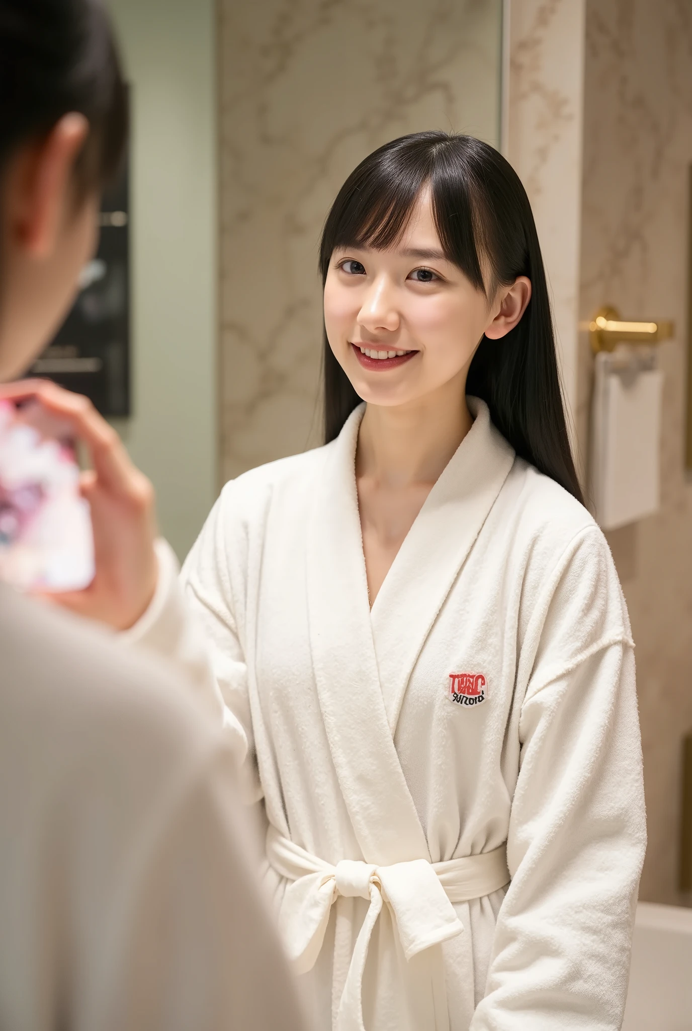 High quality self-portrait of an Asian woman with bare breasts and bathrobe (((Look over one shoulder))) Taking a selfie in the mirror using your iPhone. she was standing in the office bathroom . with a pastel wall in the background . The light is soft and beautiful . bring small panties to highlight the elegant modern design of the bathroom . Complete with marble countertops and luxury accessories. Mirror reflection shows young woman holding phone in 、A confident young woman with a cell phone is shown, captures the atmosphere of the office . ( a self-portrait of a high-quality Asian woman wearing a nude NSFW ) (( big breasts)) (( twin tail hairstyle ))