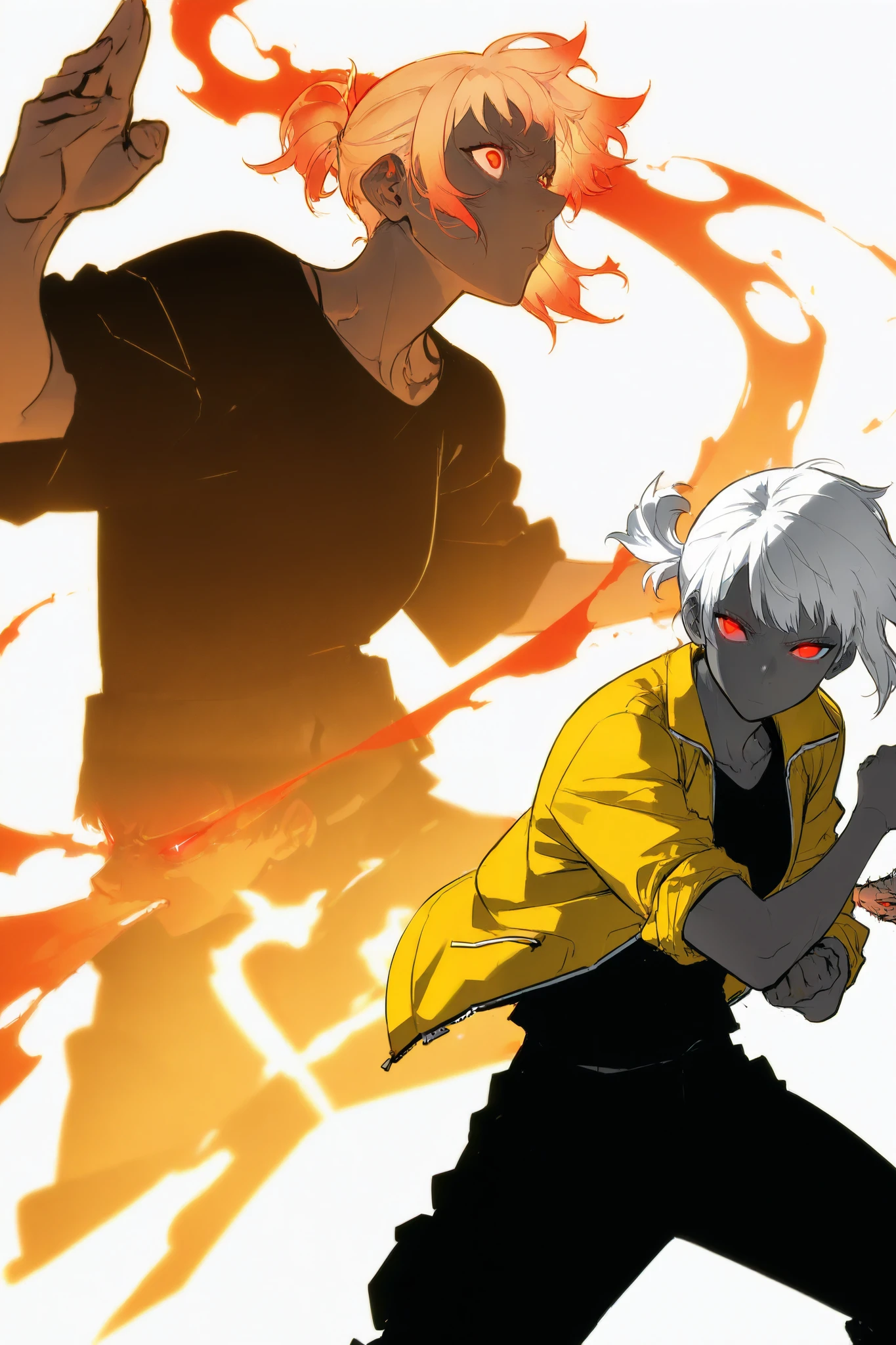 Athletic darkskin woman in futuristic fantasy clothes, white short hair in a ponytail, red eyes, black t-shirt under a black and yellow jacket, black cargo pant, intricate sketch, expressive eyes and nose and mouth, rolled up sleeve, fighting stance , white background, warm colors