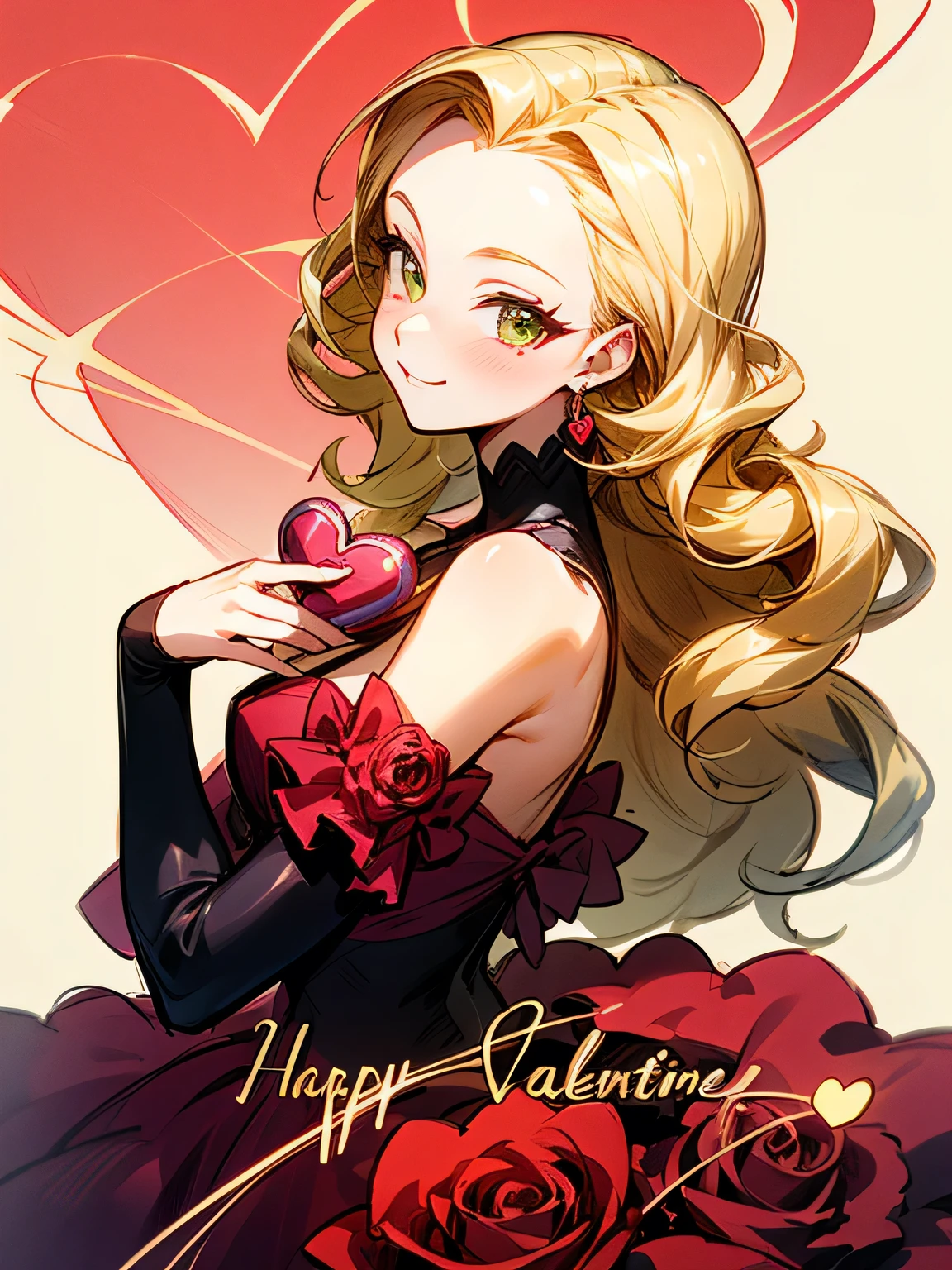 Alone,sideview,(looking at viewer:1.3),upperbody,blonde curly long hair,forehead,lime green eyes,abult woman face, beautiful adult woman smiling,offshoulder crimsonred ゴージャス dress,(ValentinesDay),(Quiron heart ),(Rose Revolution),( manga style),(sketch),(illustration), masterpiece , best quality,