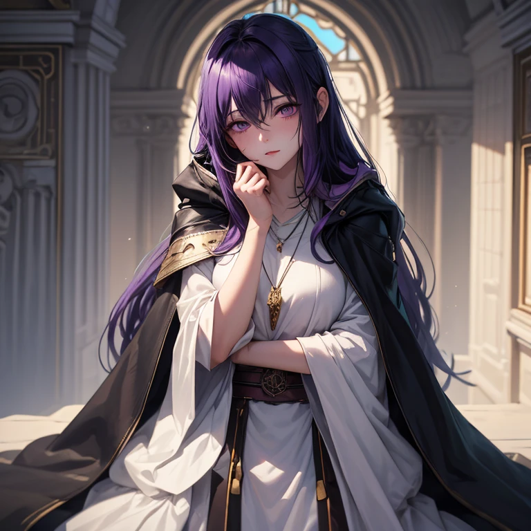 1girl, wof-girl, purple hair, long hair, wolf ears, ((chained)), white dress, outdoor, stone, rock, white skin, golden eyes, sadness expression, tattered clothes
