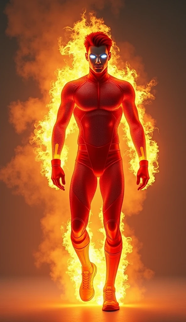 flying, young handsome muscular superhero, bright white glowing skin, bright fiery aura, with spikey blond hair, smiling, wearing white full body skin tight suit
