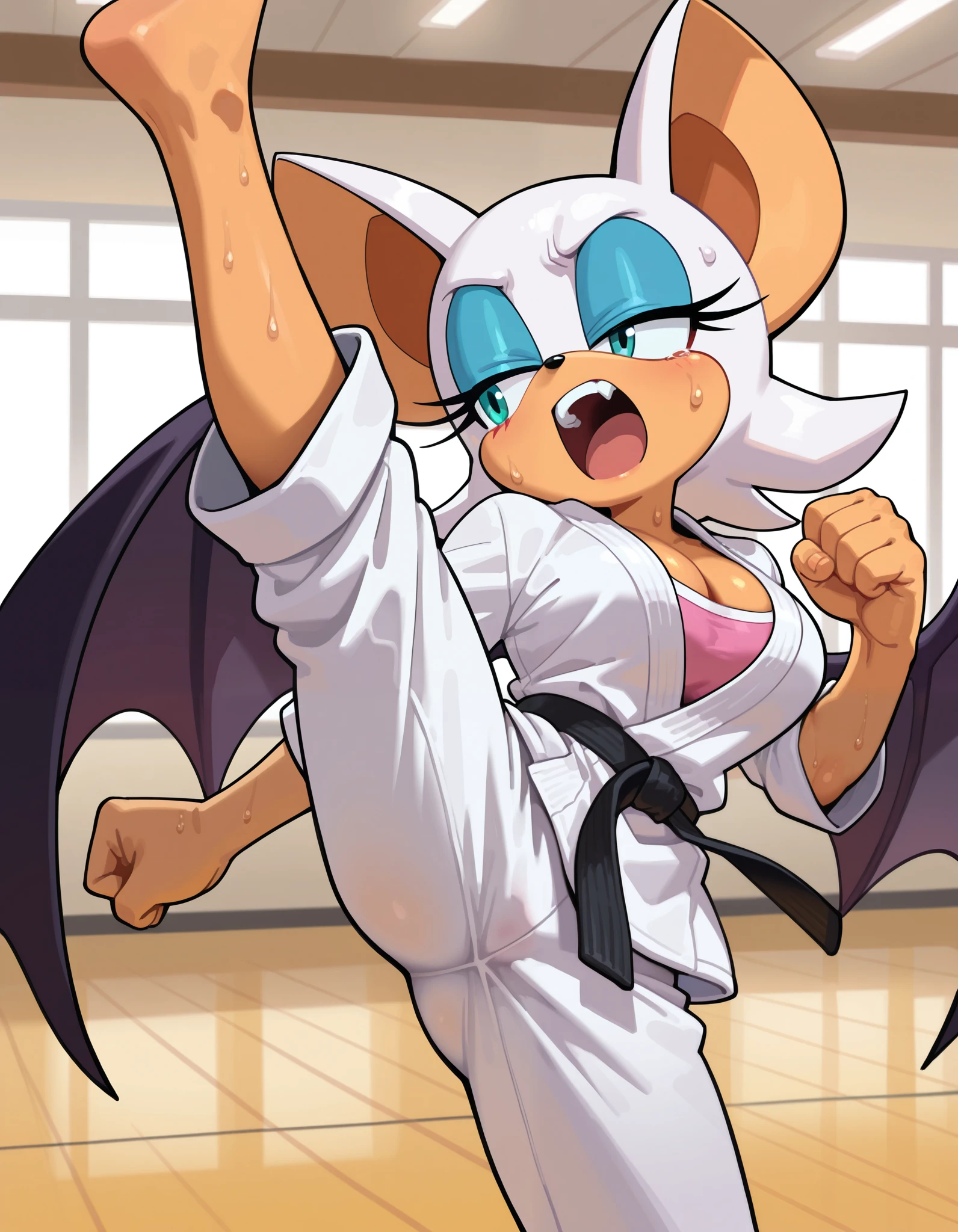 masterpiece, best quality, amazing quality, very aesthetic, absurdres, source furry, ((Rouge the bat)), ((short body)), half closed eyes, cyan eyes, blue eye makeup, frown, indoors, dojo background, dojo training mats, wearing a white karate gi, black belt, sweating, open mouth, shouting, high kick, kicking a dummy, deep cleavage, bare hands, bare feet