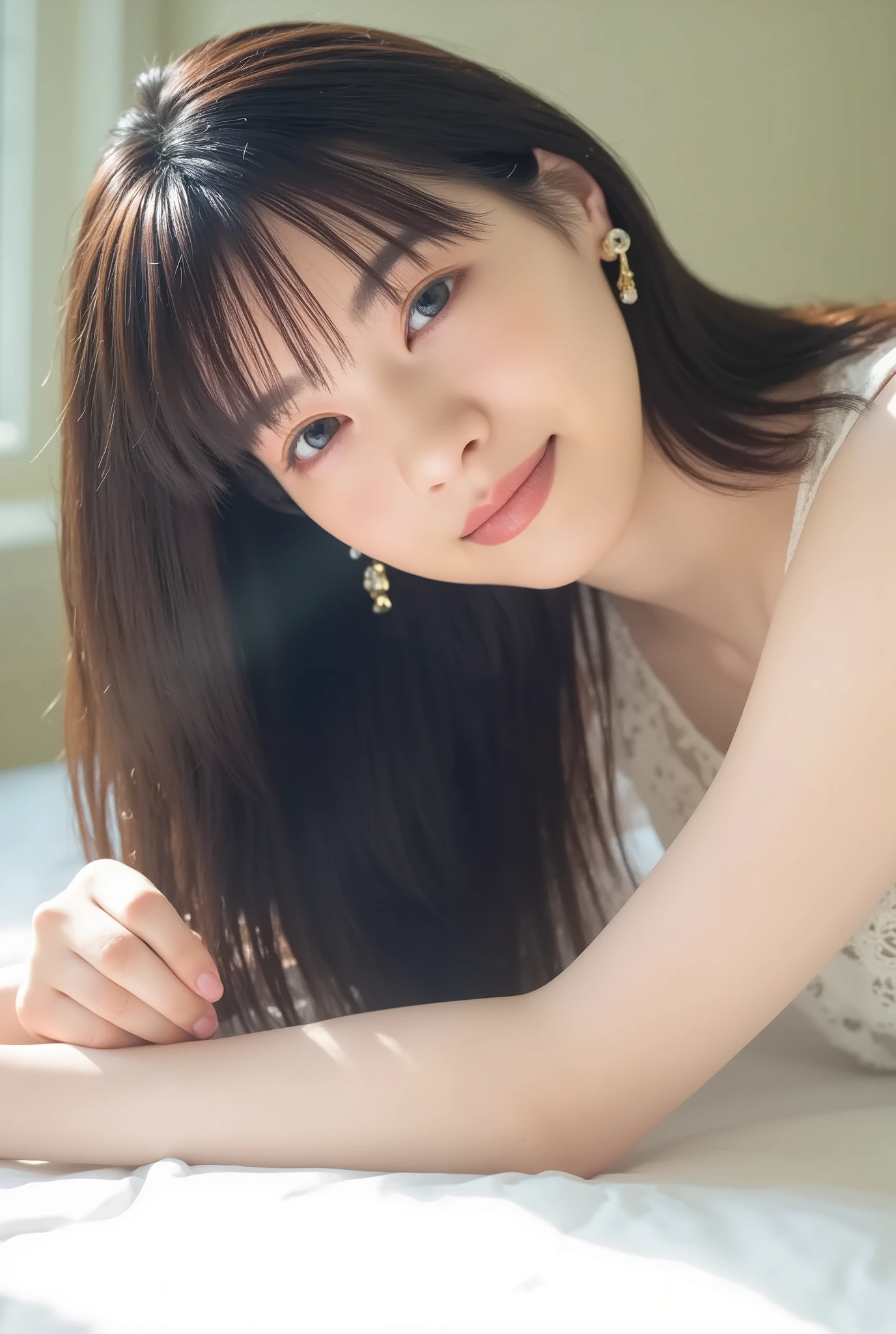 NIKON, 135mm, (No lens flare :1.5), 超 high resolution, Masterpiece, accurate, textured skin, super detailed, high details, high quality, I arranged the , 最 high quality, 4K, 8k, 16k, depth of coverage, analog, embellished with lace on the side , (( best quality )), (( Masterpiece:1.5)), (( by Nomi)), high resolution, Detailed facial features,  very detailed body , Extremely Fine Skin , extremly Fine grain , very detailed, clear focus , smooth ,  very detailed views  , octane render , PhotoRealistic, Post-processed, ( max details:1.8), realistic shadows, Roughness, Real Life,  Ultra Realistic ,  photorealism, high resolution, detailed, Sharp Focus , Midea, VERY DETAILED CLOTHING , (anatomically accurate:1.4), (MISBO :1.8), ( alone:1.5), (black eyes:1.9), ( Fine grain :1.9), (round dark eyes :1.8), (  long brown hair :1.5), (Beautifully detailed face:1.6), (An hourglass-shaped hull :1.6), ( perfect round :1.9), ( clearly outlined cheekbones :1.5), ( defined body :1.8), ( healthy body:1.8), (Narrow shoulders:1.9) viewers,  Gaze , Natural Hands, close-up portrait, ((The model is lying on the bed ))、(( wearing lace white lingerie)), pers with decor.Sunbathing bedroom , soft, crunchy sheets , Warm and inviting atmosphere, natural light, Soft texture , photorealistic, beautiful lighting arranged in an orderly manner, A quiet and peaceful atmosphere , Amorous expression , Morning sunlight, Luxurious bedding, Calming Mood , Fluffy pillow , Wooden furniture, minimal clutter , clean and tidy space , Shining Sunshine, Gentle colors, Relaxed atmosphere , high quality render, by Nomi detailed , Masterpiece.