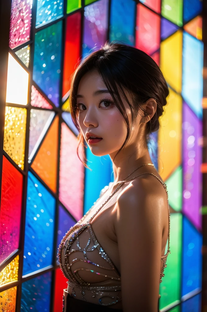 highest quality, 8K resolution, masterpiece, Professional photography, One Japanese woman, 28 years old, Upper Body View, The background is colorful stained glass, Enchanting atmosphere, contemporary scene, Rainbow Glass
