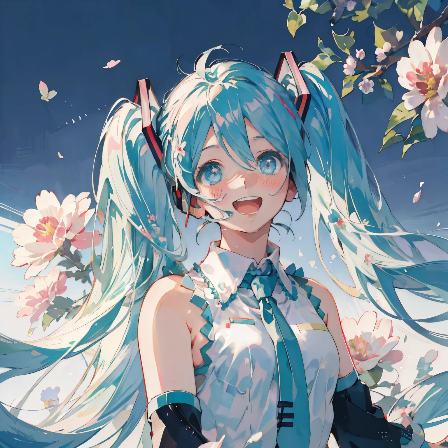 Hatsune Miku, high resolution, gaze to God, blushes, smiles, open your mouth, SHORTCUTS , highest quality, upper body,Floral Background