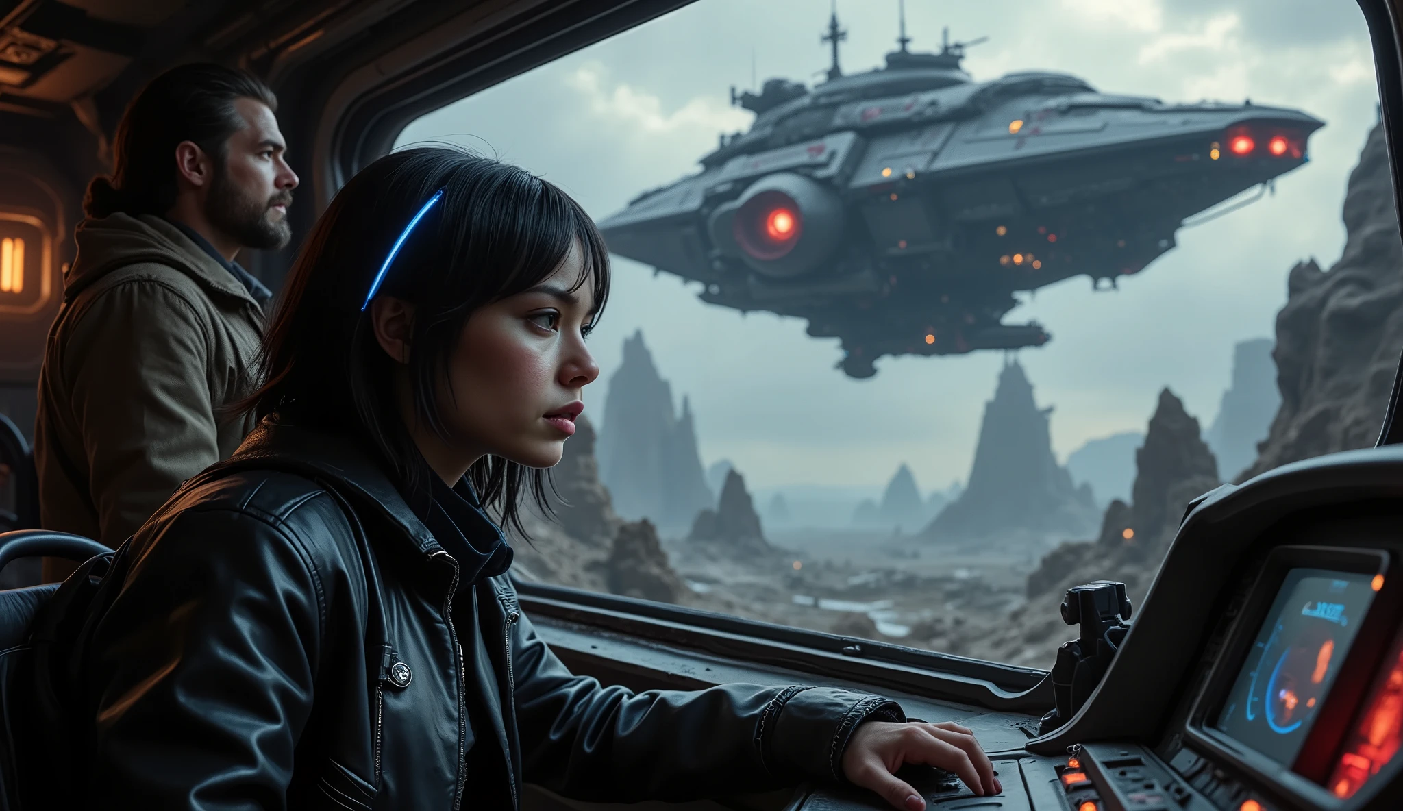 A cinematic side-angle shot inside a rugged spaceship's cockpit, focusing on two characters as they witness a massive futuristic military ship descending over the ruins of an ancient cosmic city. The woman in the foreground has short black hair with blue neon highlights, wearing a sleek leather jacket with neon details. Her expression is a mix of concern and determination as she gazes out at the approaching ship. Behind her, a rugged man in a worn-out coat stands alert, his hand resting on the flight controls, exuding readiness for action. Outside the window, the massive military ship dominates the background, its dark metallic surface glowing with red lights and large weapon turrets visible. The atmosphere is tense and ominous, with soft reflections of the red lights casting shadows on their faces and metallic surfaces. Highly detailed, photorealistic, inspired by space opera aesthetics and films like Star Wars and The Expanse.
