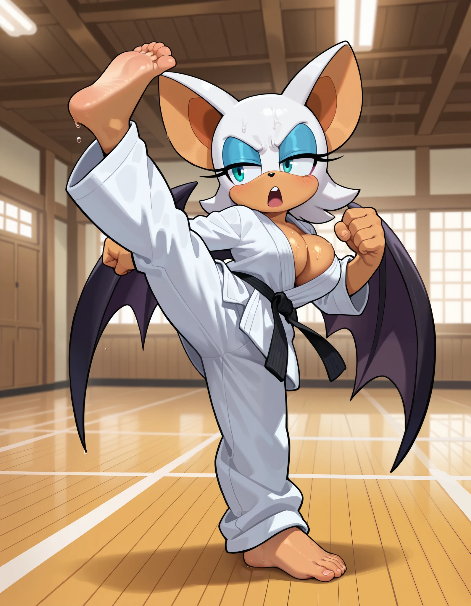 masterpiece, best quality, amazing quality, very aesthetic, absurdres, source furry, ((Rouge the bat)), ((short body)), half closed eyes, cyan eyes, blue eye makeup, (deep frown), (very angry expression), indoors, dojo background, dojo training mats, wearing a white karate gi, black belt, sweating, open mouth, shouting, high kick, deep cleavage, bare hands, bare feet