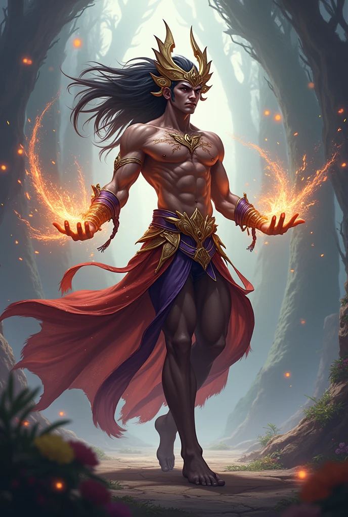 Young brown skinned deity with the tail of a monkey / ape, with a sinister smile, short black hair, and a sickle, sun wukong