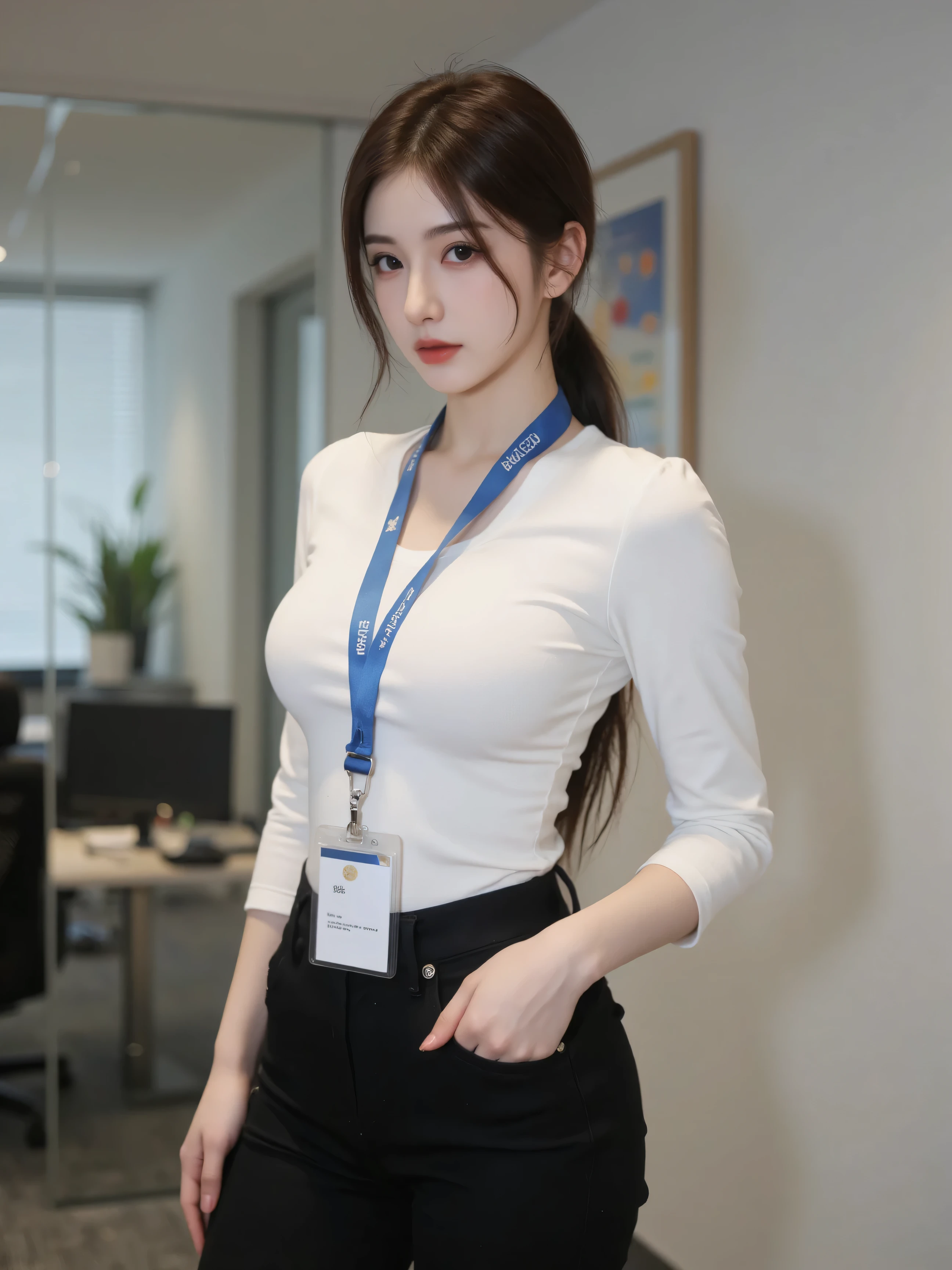(( Masterpiece , TOP QUALITY , tree々Shoot at the highest image quality , high image quality, photorealistic, RAW Photo , high definition CG unified 8K wallpaper )), one girl viewed from the side , alone, beautiful young women , 20 years old, Loud and realistic skin texture , shiny skin, office, ID card, lanyard , tight clothes , perfect body, BIG BREAST , a slightly proud expression , upper body, (Chest), (Chest)