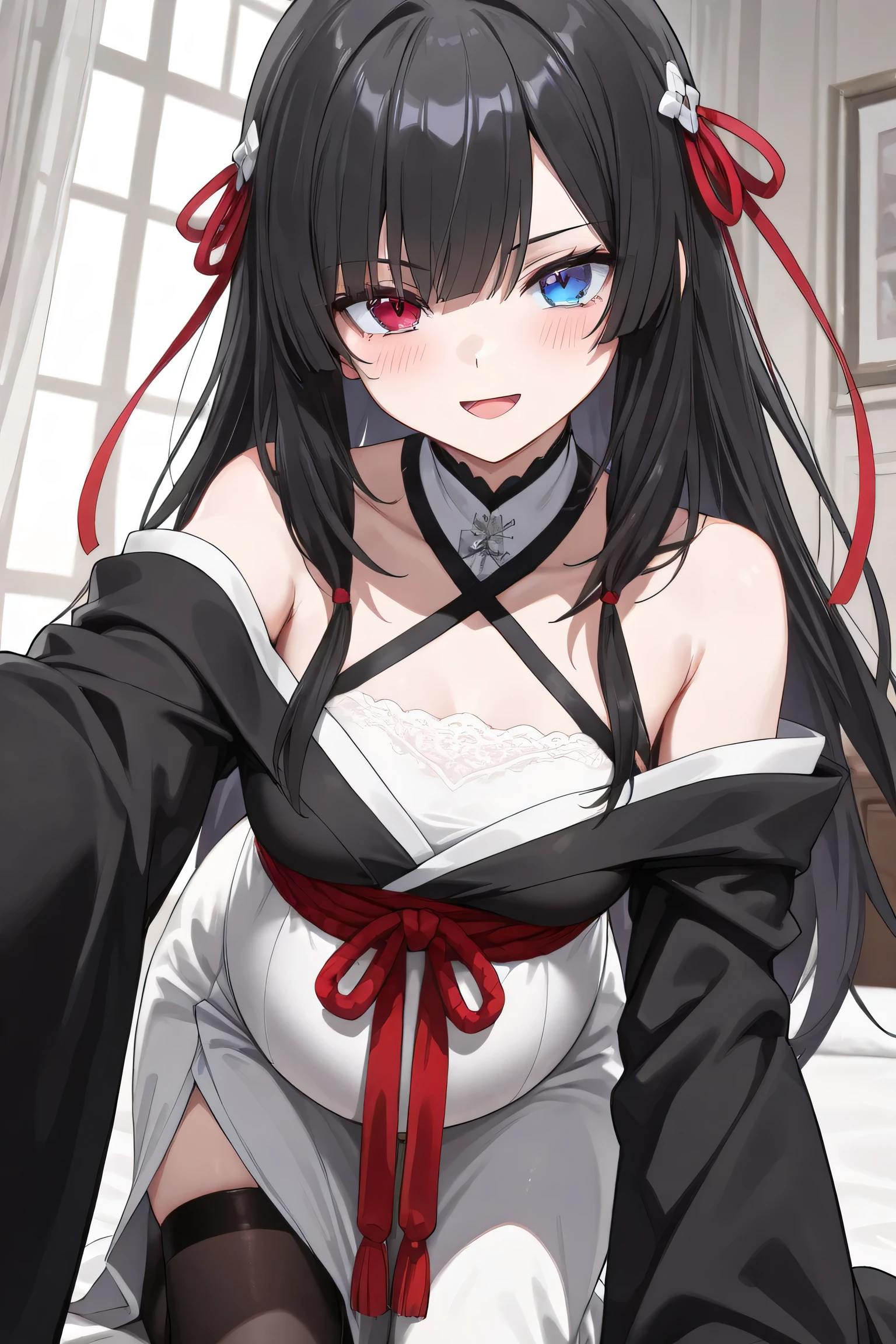 Rivertsukatsuki, River, black hair, (red eyes:1.5), hair ornament, hairclip, Halation, long hair,
、Extremely large breasts(7200)、、I can see your chest、Nipples are visible、Off-the-shoulder maid uniform、Front facing、