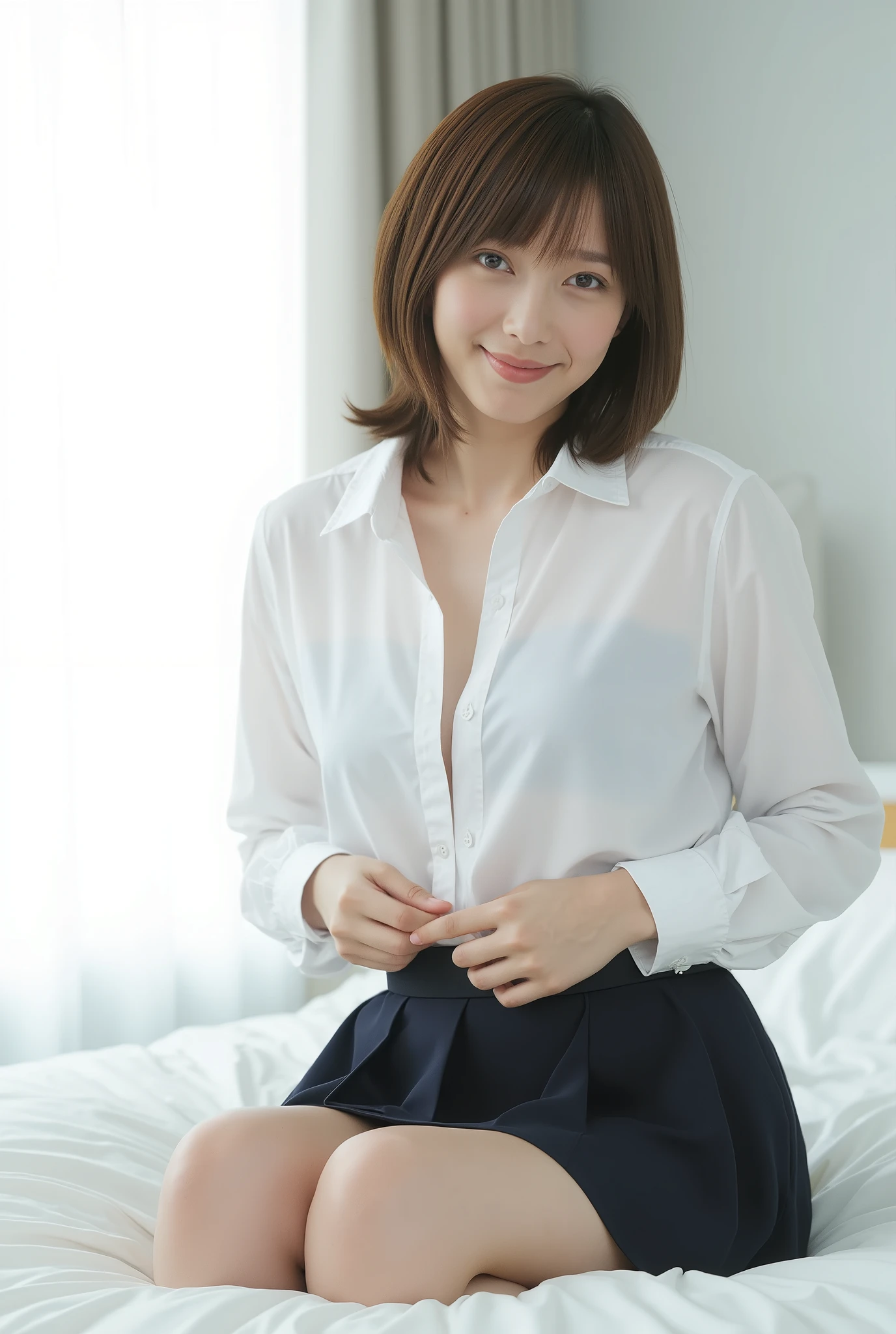  wearing a high quality realistic Thai woman's ,  beautiful girl ((( big breasts ,  big breasts , nsfw))) ,  highest quality,  1 Thai girl in uniform is sitting on the bed ,   wearing white shirts(( Unbutton the button and 、 naked chest in a white bedroom decorated in a minimalist style  , big breasts)), navy skirt, putting hands on her shirt ,  looking at the camera and smiling shyly .   sitting on a bed in a white minimal style bedroom. [  digital art ,  Portrait Style ,  Soft Focus ,  is dull,  natural light, Slight vignetting effect]