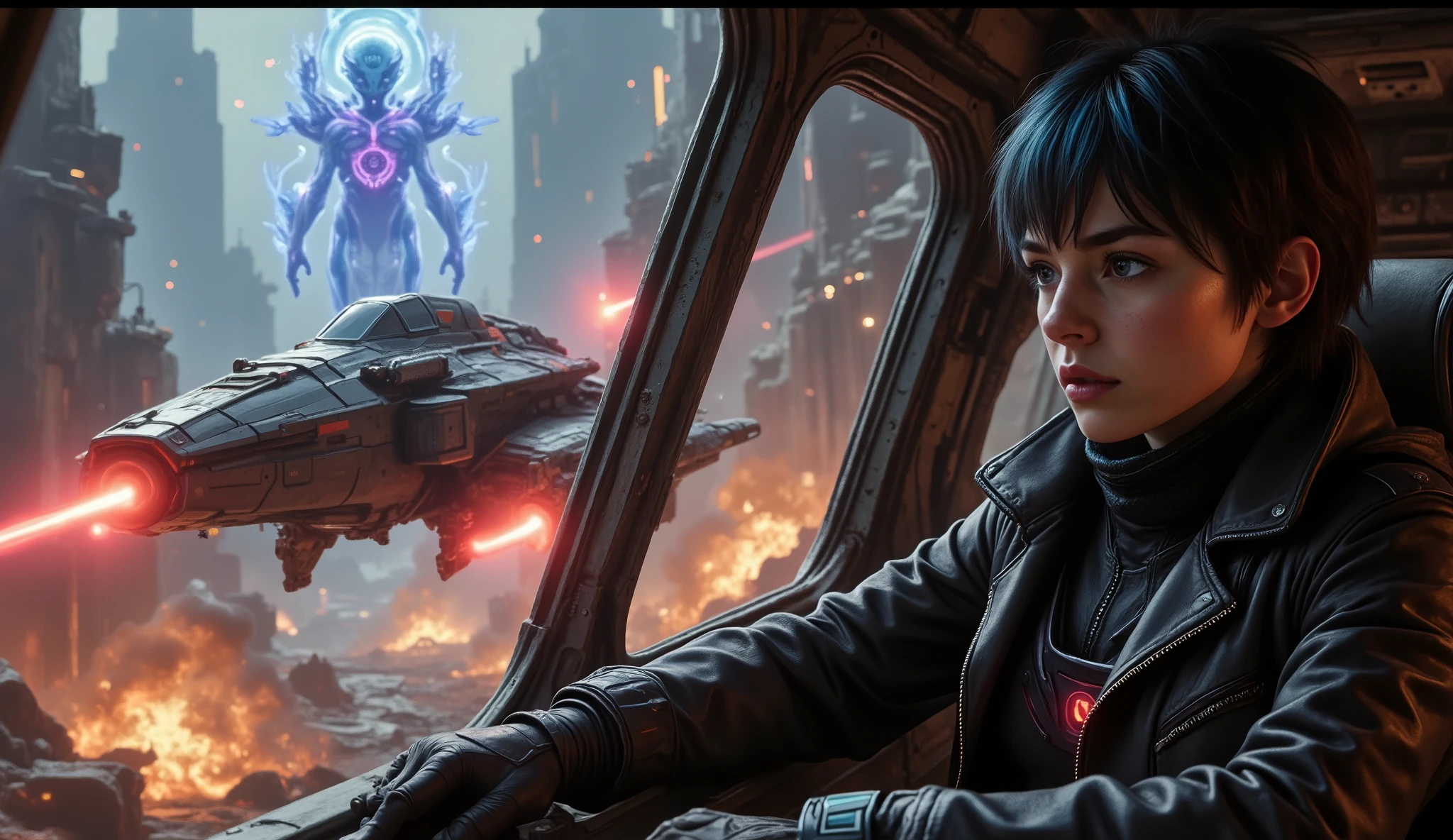 A cinematic side-angle shot inside the cockpit of a rugged spaceship piloted by a young woman with short black hair and blue neon highlights. She wears a sleek leather jacket with neon details, her expression intense and determined as she chases after a sleek military ship commanded by a stern-faced man in a dark futuristic uniform with a glowing red emblem on his chest. The two ships weave through the ruins of an ancient cosmic city, with red laser beams firing from the military ship, narrowly missing debris and creating massive explosions that illuminate the environment. In the background, a mysterious alien entity made of pulsating blue and purple energy hovers silently, observing the conflict. The atmosphere is tense and chaotic, with soft reflections of explosions casting dramatic shadows on her face and metallic surfaces. Highly detailed, photorealistic, inspired by space opera aesthetics and films like Star Wars and The Expanse.