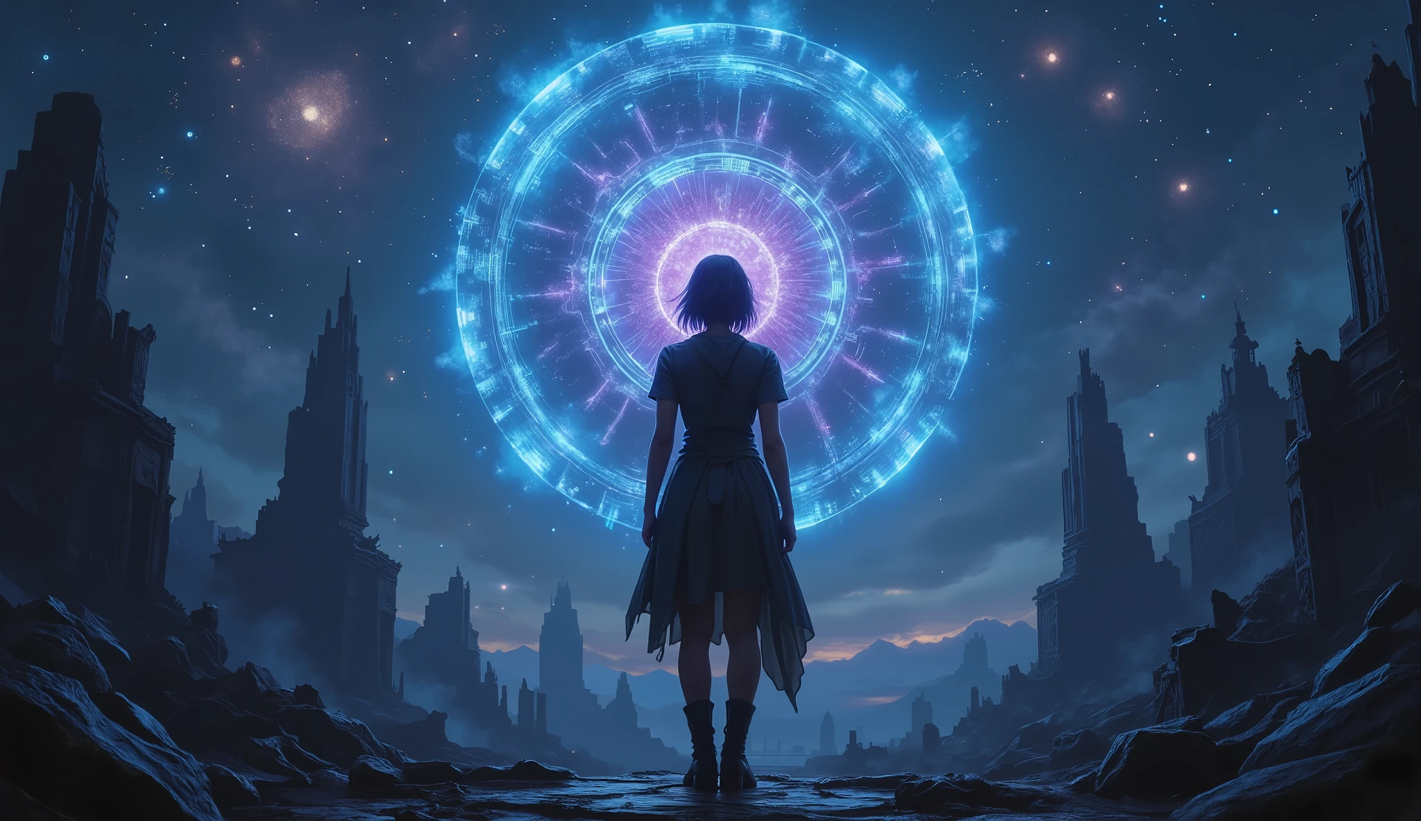A cinematic wide shot of a young woman with short black hair and blue neon highlights standing atop the ruins of an ancient cosmic city. She gazes out at the vast expanse of space, filled with twinkling stars and faint nebulas glowing in the distance. Behind her, a mysterious alien entity made of pulsating blue and purple energy hovers silently, casting an ethereal glow over the surrounding ruins. Her silhouette is framed against the cosmos, her expression one of determination and curiosity as she realizes her journey is just beginning. The atmosphere is serene yet profound, with soft reflections of the entity's glow on metallic surfaces and faint steam rising from the ruins. Highly detailed, photorealistic, inspired by space opera aesthetics and films like Interstellar and Contact.