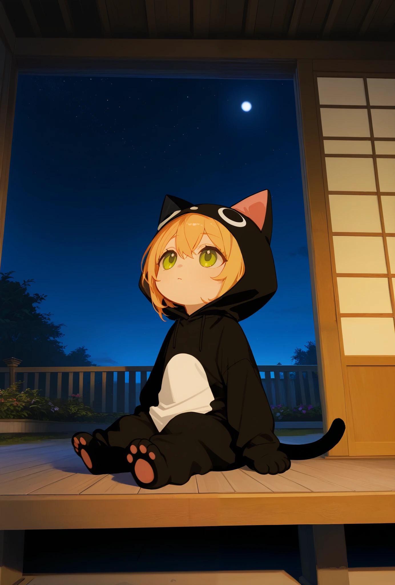 masterpiece, best quality, 8k, highres, ultra-detailed,HDR, UHD, studio lighting, ultra-fine painting, sharp focus, physically-based rendering, extreme detail description, professional, vivid colors、Japanese Garden、Chibi、A girl in a life-sized cute black cat costume、Only the face is visible、Sit on the porch and look up at the moon、Wide-range shot、Night Sky、Moonlight