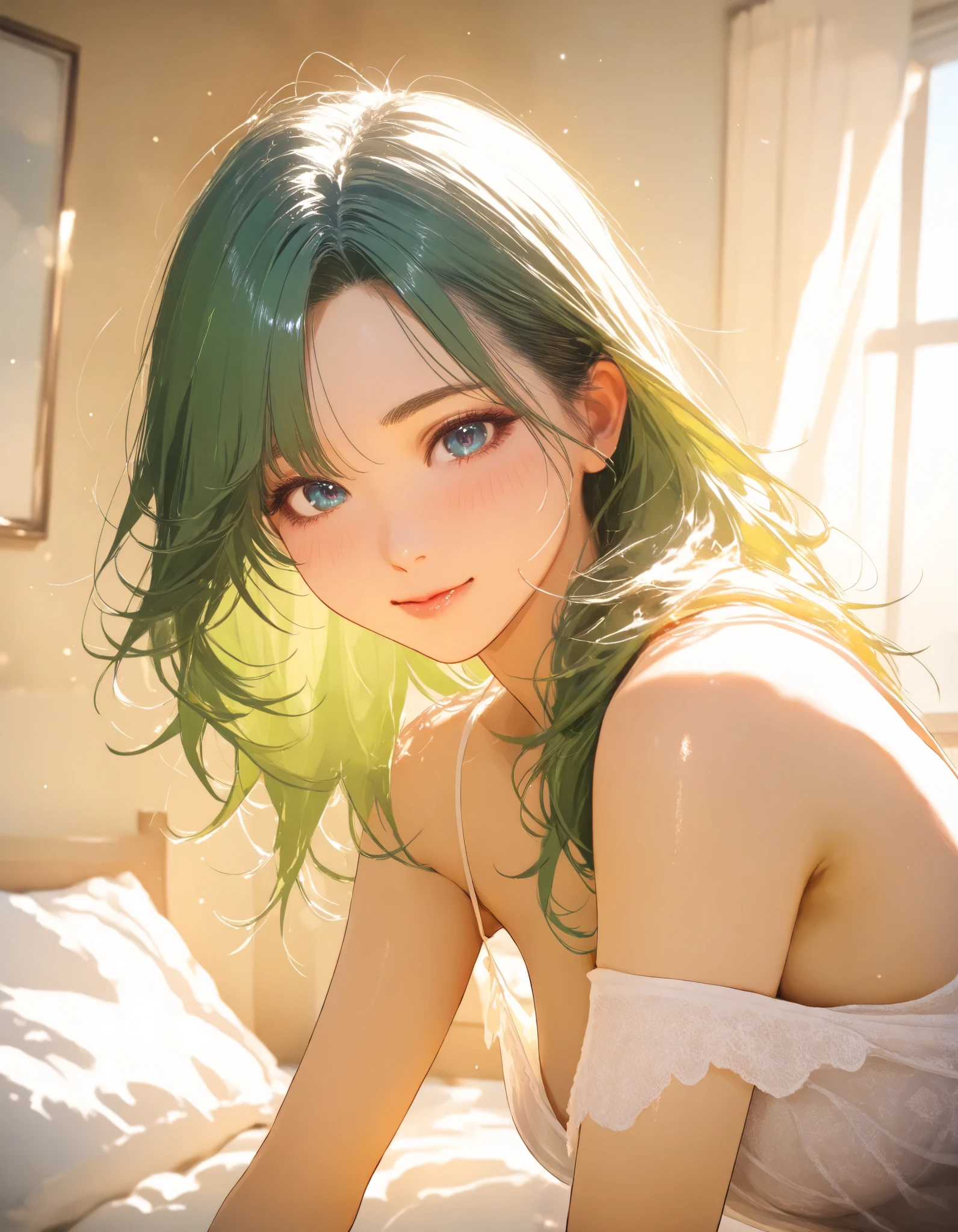 best quality, masterpiece, Ultra-high resolution, (realism: 1.4), original photo, 1 girl, Green eyes, Off-shoulder style, movie lighting, blue hair, at sunset