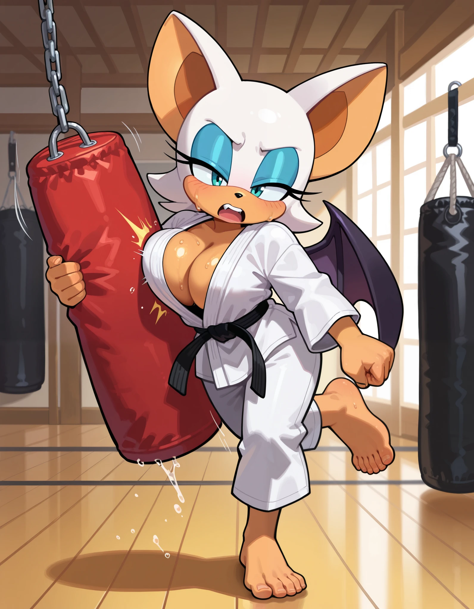 masterpiece, best quality, amazing quality, very aesthetic, absurdres, source furry, ((Rouge the bat)), ((short body)), half closed eyes, cyan eyes, blue eye makeup, deep frown, very agressive expression, indoors, dojo background, dojo training mats, wearing a white karate gi, black belt, sweating, open mouth, shouting, punching bag, high kick, kicking a punching bag, deep cleavage, bare hands, bare feet