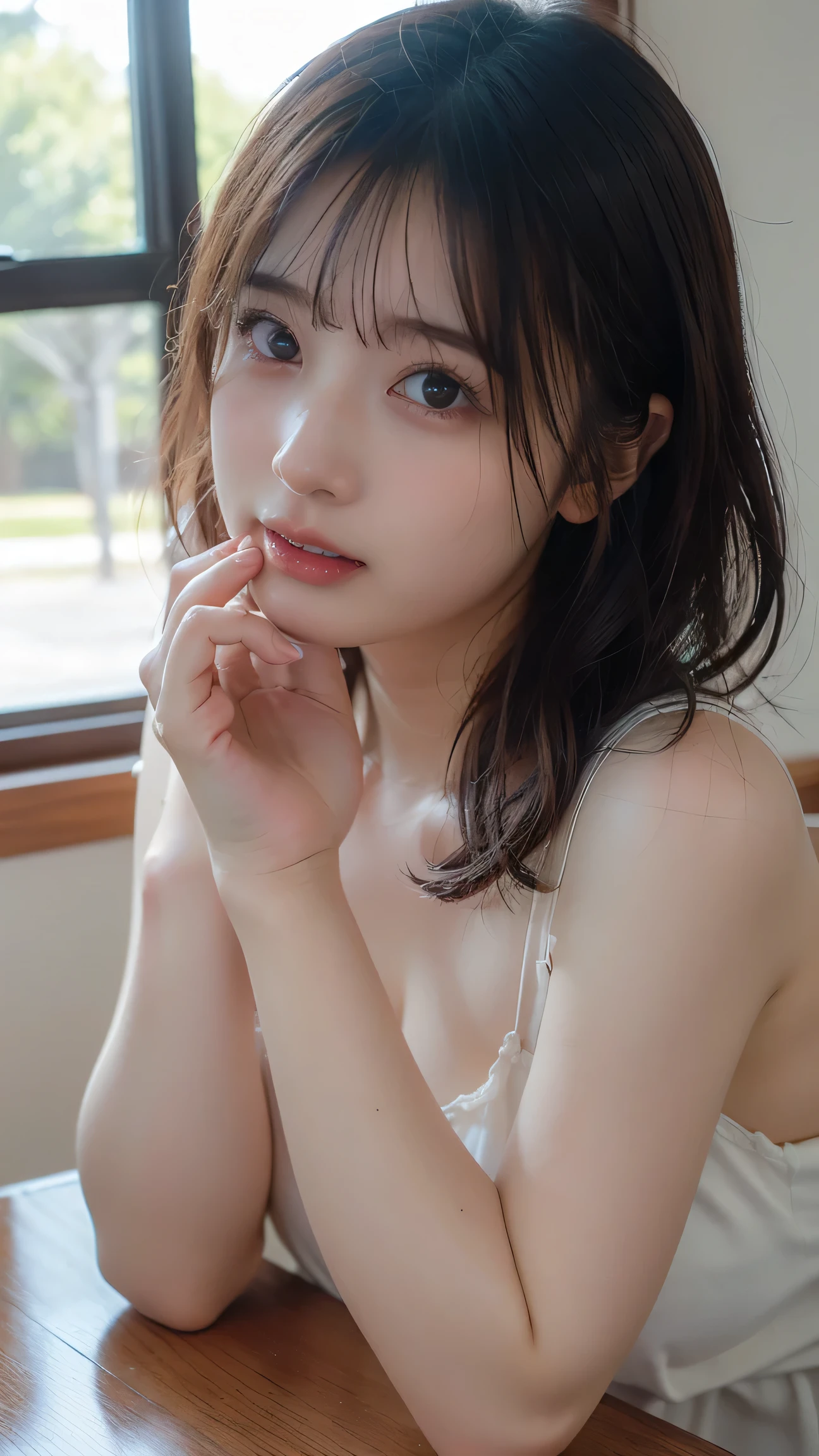 ((of the highest quality, 8K, masutepiece: 1.3, Raw photo)), Sharp Focus: 1.2, (1 AESPA Girl :1.1), Solo, (Realistic, Photorealistic: 1.37), (Face Focus: 1.1), Cute face, hyperdetailed face, (short messy hair: 1.2), Small Smile, Small breasts, flat chest, nude, sitting chair, chiffon panties, check skirt, classroom, flower, Cattleya