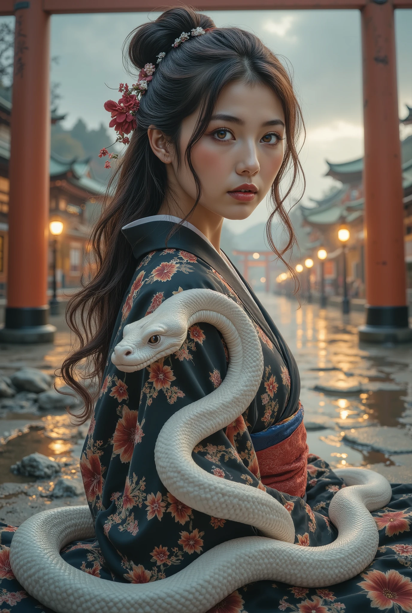 ( RAW Photo ), ( by Nomi), ( photorealisticな), ultra high resolution, Masterpiece, 最 high quality,, A very beautiful piece of art , A girl in a kimono , cute, Many details, and stare at the viewer, is located away from the camera, show me full body , (( from before :1.1), facing the front , Turn your back and face forward ), fantasy , surreal, Dramatic Lighting, is dull, moody atmosphere, photorealistic, 8k, high quality, Masterpiece, city, staring at the viewer with shining golden eyes , In the background、, A sparkling spiritual cloud envelops the image, and the vermilion torii gate can be seen thinly in the distance , very detailed, movie, A white snake is wrapped around my lap , beautiful detailed eyes, beautifully detailed lips , Extremely Detailed Face, Shining Eyes, Fantastic Scenery , long hair, Sitting Position ,