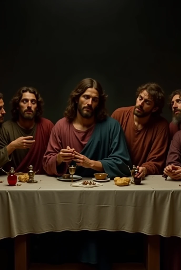 Jesus is being eaten at the last supper. The apostles are demons. Blood and guts are spilled everywhere on the table. Renaissence style painting