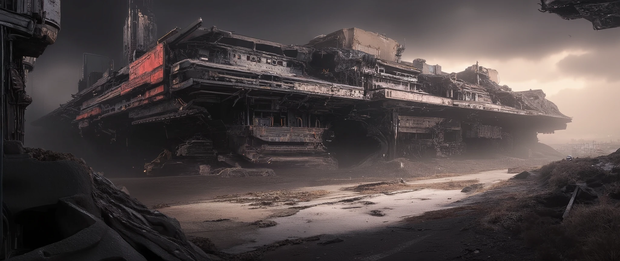 Apoclypse dark scifi antigravity floating dystopian brutalist Soviet city on the siberian void, atmospheric view