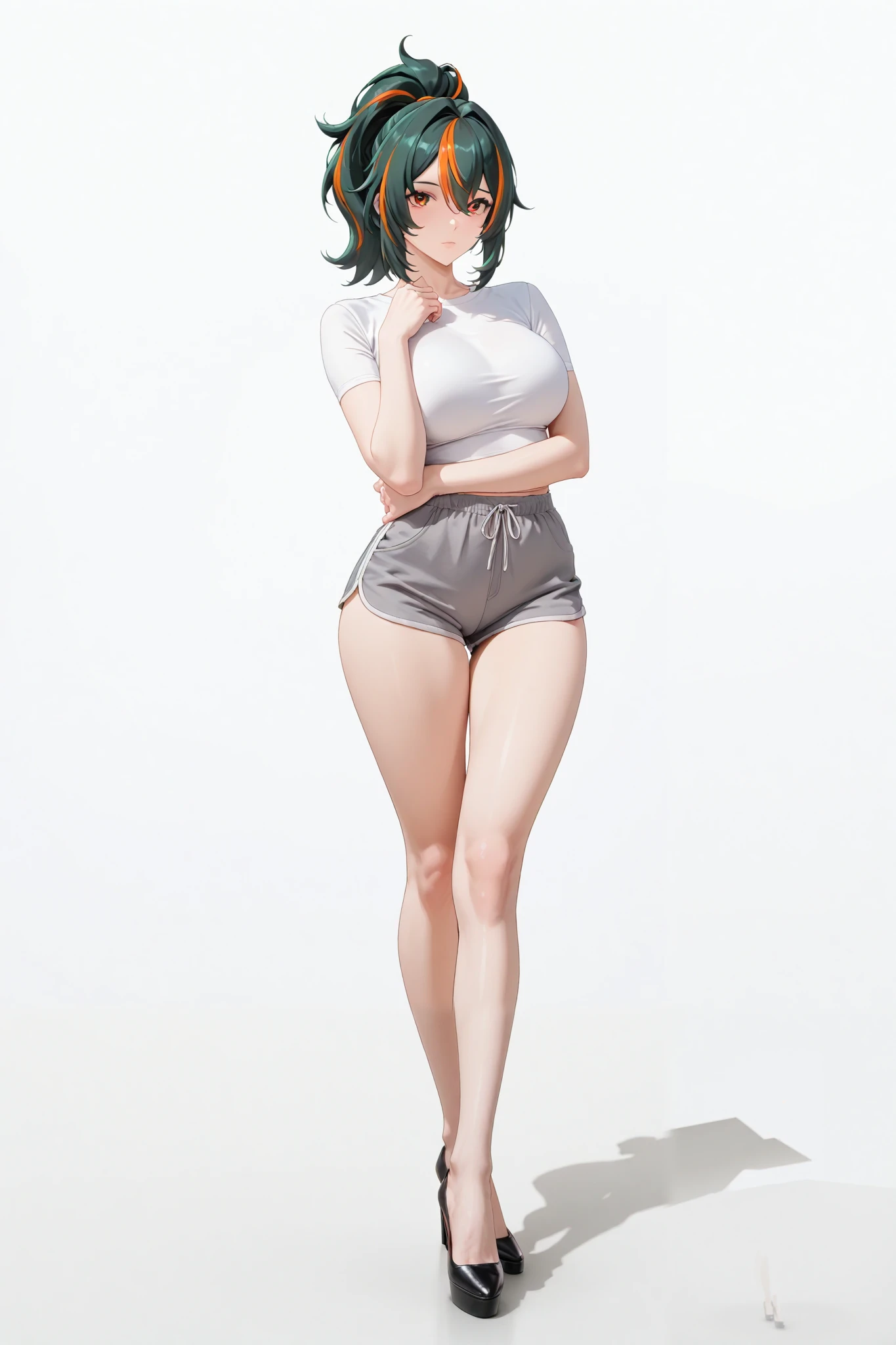 masterpiece, extremely detailed,4k,solo,1girl,adult ,((full body)),zhu yuan, klimaks ekspression,stand up,ponytail streaked hair,slim body, sexy legs,large breasts,white tshirt,grey shorts,high heels,housewife,soft light, high detailed, best quality, upper body,, white plain background ,white background,looking at viewers,front look,sexy pose, photography,cowboy shot,front look