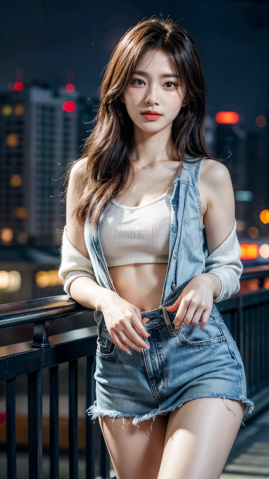 (( best quality , 【8k,  Masterpiece: 1.3)), focus: 1.2,  Green Red Flag Robe ,8K ultra-high definition，Masterpiece， RAW format photo ， Best Picture Quality ，extreme details（1.2）： Realistic Reproduction ，Extremely detailed CG unified in 【8k resolution，【8k diamond-level delicacy and wallpaper-like visual impact， with depth of field 、 Layered Light Shadow Effect 、 Lens flash 、 Light tracking technology （Stunningly beautiful face 、 Beautiful lips 、 beautiful eyes）， Exquisite Face Detail （ Extremely Delicate Skin ）  — depicting a Korean female model  ， Exquisite delicate eyes in the dark night ， In a deep shadow ， Charming Korean girl ， as a Korean pop idol （ Extremely slim and tight ：1.3）， Shows from the viewer's point of view ， Purple Vest 1  .5， Short Denim Jacket 1 .5， Low Waist Denim Mini Skirt :1.5， The cut of the short clothing ， night view of the city，neon lights， a beautiful Korean girl in a dark night atmosphere， Pearl Stud Earrings 、lace stockings，Clear and bright eyes， walking posture ， Skin Whiteness， Direct vision camera front ， Big Eyes Charming （上半身close up），close up， The overall image is extremely thin 、Slim Elegant ，  Beautiful facial features  ， She looks like actress Kim Hyun 