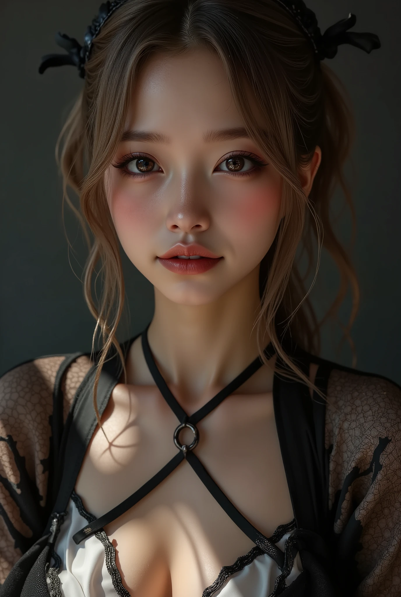(Photorealistic realism 16K quality), ((ultra insanel quality, professional digital art)), ((focus on extremely Realistic Proportion Body, Anatomically Correct:1.2)), Beautiful Girl, ultra details, UHD, (photorealistic Realism 16K Quality), ultra-detailed, UHD, (ultra absurd quality, extremely detailed detail, hyper resolution, clear sharp focus, not blurry, Realistic brown_eyes:1.35), (perfect dark_eyeshadows),((close-up of here face)),Depth of field, cinematic light, Lens flare, dslr, best high quality soft lighting, sharp focus captured by Fujifilm XT3, f 5.6, in a dramatic lighting, ((view the viewer:1.3)), (extremely beautiful face, beautiful lips, beautiful eyes), intricate detail face, ((ultra detailed skin)), 1girl, in the dark, deep shadow, Very stretchy, (loose pants: 1.3), without bikini, white, (translucent), airy pants, (Top with a deep neckline), connected with ((o-ring: 1.3)), (Glamour, paparazzi taking pictures of her), ((High Contrast)), long legs, medium ass, ((layer cut: 1.3)), ((no_Panties)), ((Whitens skin, slim face)), slim belly: 1.2, (well-muscled body:1.32), The attention to detail, Double eyelids, (Erotic:1.3), satisfaction smile, gorgeous appearance, electrifying appearance, (Dynamic pose: 1.2), (((sharp focus))), ((very intricate details design of epic outfit:1.4)),