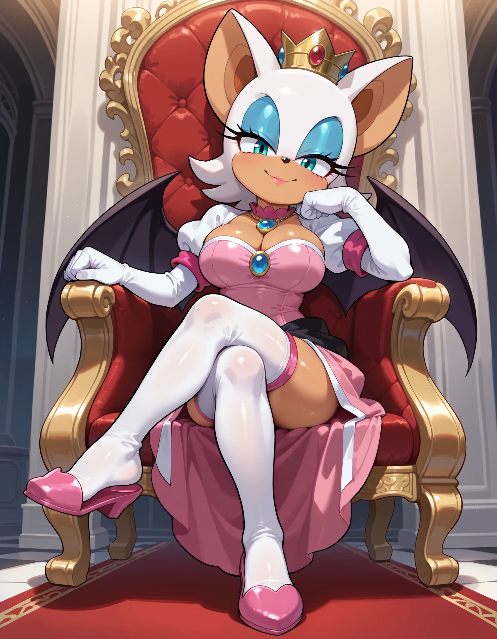 masterpiece, best quality, amazing quality, very aesthetic, absurdres, source furry, ((Rouge the bat)), ((short body)), half closed eyes, cyan eyes, blue eye makeup, (seductive stare), (looking at viewer), smile, closed mouth, indoors, throne room, princess peach cosplay, pink princess dress, deep cleavage, sitting on throne, legs crossed, shiny pink heel slippers, white thigh highs, white sleeve gloves, blue opal necklace, crown, head tilt, fist on chin, head resting on hand