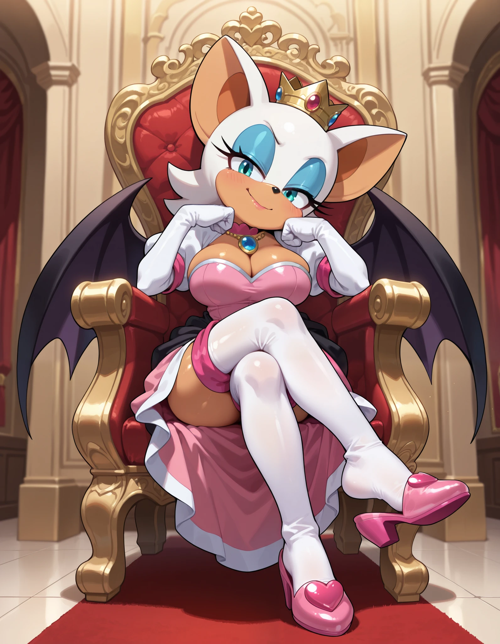 masterpiece, best quality, amazing quality, very aesthetic, absurdres, source furry, ((Rouge the bat)), ((short body)), half closed eyes, cyan eyes, blue eye makeup, (seductive stare), (looking at viewer), smile, closed mouth, indoors, throne room, princess peach cosplay, pink princess dress, pink short puff sleeves, deep cleavage, sitting on throne, legs crossed, shiny pink heel slippers, white thigh highs, white sleeve gloves, blue opal necklace, crown, head tilt, fist on chin, head resting on hand