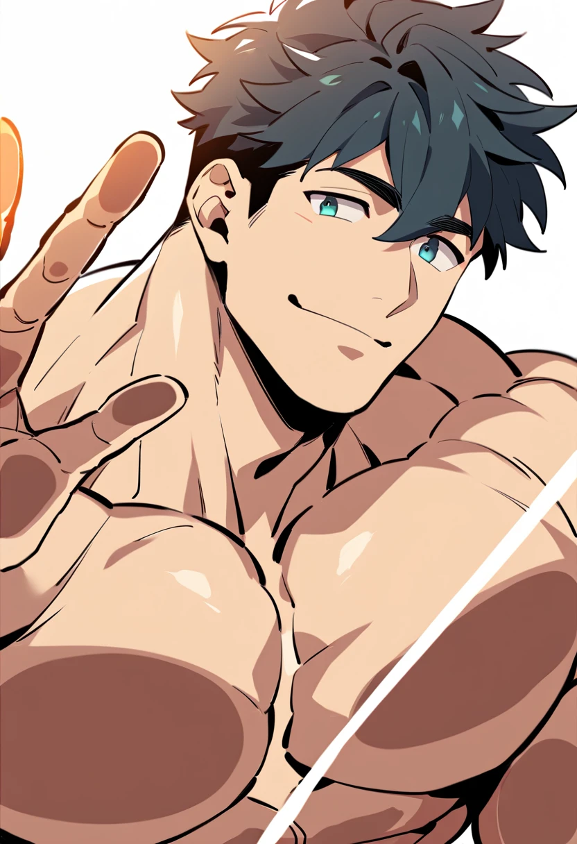 （masterpiece，best quality，H），1 person，nude男孩，Very shy，My face turned red，Shy，muscular，Delicateeyes，nude，(nude)，blue eyes，Shirtless，upper body body，Blue purple short hair，（fluorescent lamp），（a color），（（Blue Background））