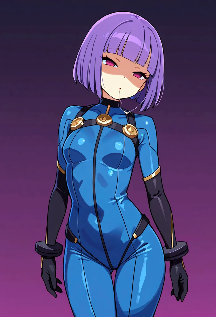 Masterpiece, Best Quality, Highly detailed, illustration, absurdres, street fighter, warriors orochi, da ji, red eyes, doll suit, shadaloo doll, nazi saluting, military, military saluting, salute, violet-hair, 1 girl, solo, expressionless, emotionless eyes, looking at viewer, red gloves, emotionless, black latex, corrution, zofa suit, zofa soldier, mind control, female combatant, full body, hypnotized, standing, standing at attention, unhappy trance, full body suit,
