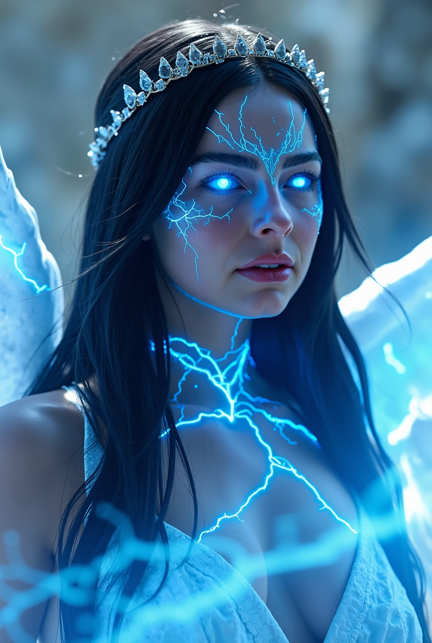 (((shining blue electric eyes))), beautiful angelic girl with electric white wings, (((glowing with electricity blue veins))), blue glowing veins, glowing veins, bright glowing veins, long flowing dark black hair, white pale skin with blue tattoos and markings, low white dress, gracious face, detailed fantasy portrait, exquisite mystical valkyrie, mountain temple background, silver tiara, hyperrealistic, octane render, piercing eyes, delicate features, dramatic lighting, vibrant colors, highly detailed, cinematic composition, masterpiece, 8k, upper body only
