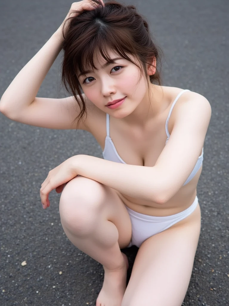 (Representative work: 1.3), (8K, Phototristic, RAW photo, Maximum quality: 1.4), Attractive, Ultra high quality, Ultra realistic, High Quality, Beautiful Japan woman, Bikini, Simple background, city, squat, smile,